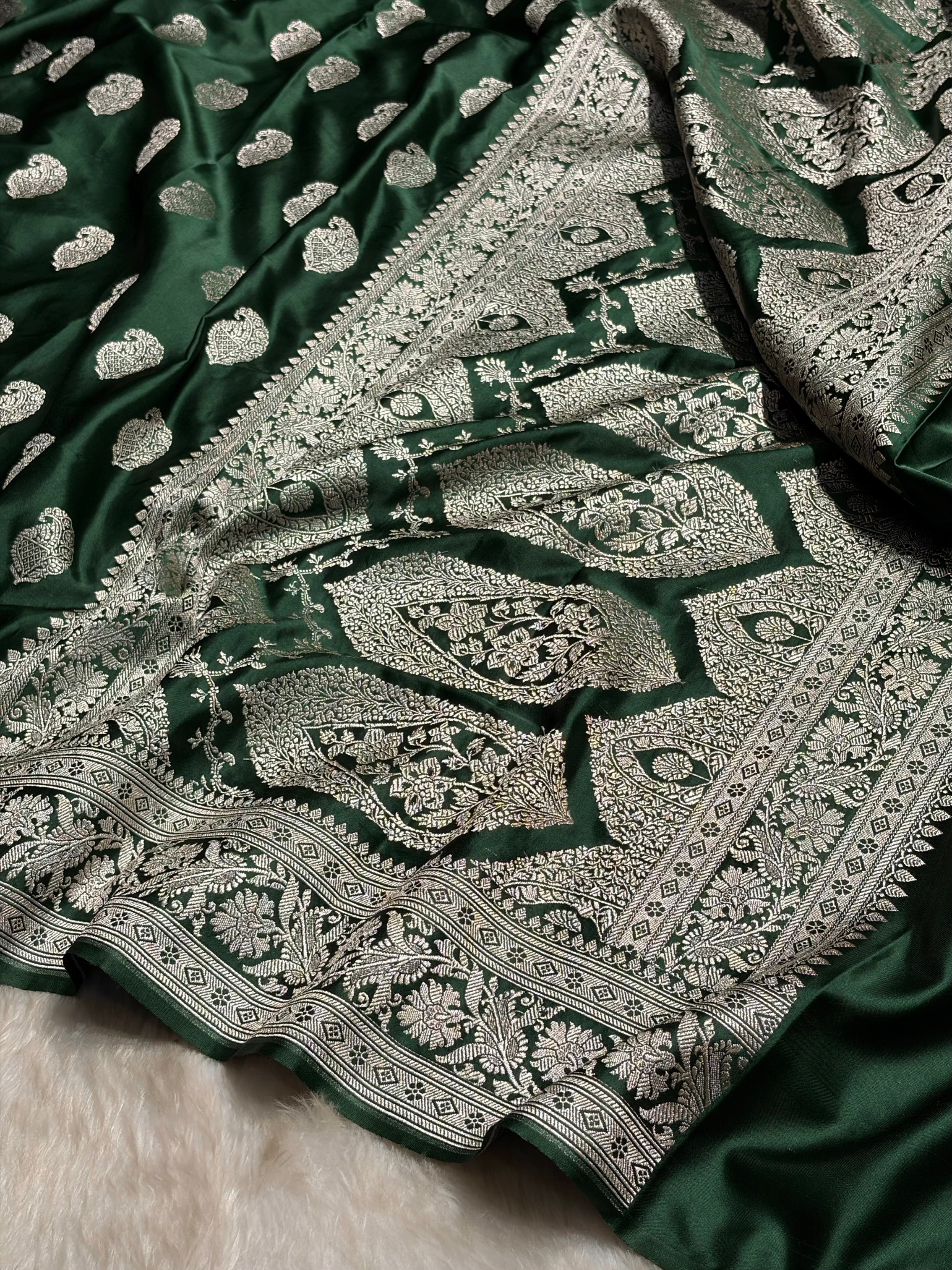 Dark Bottle Green Shades Minakari Motif Mashru Silk Saree MS09