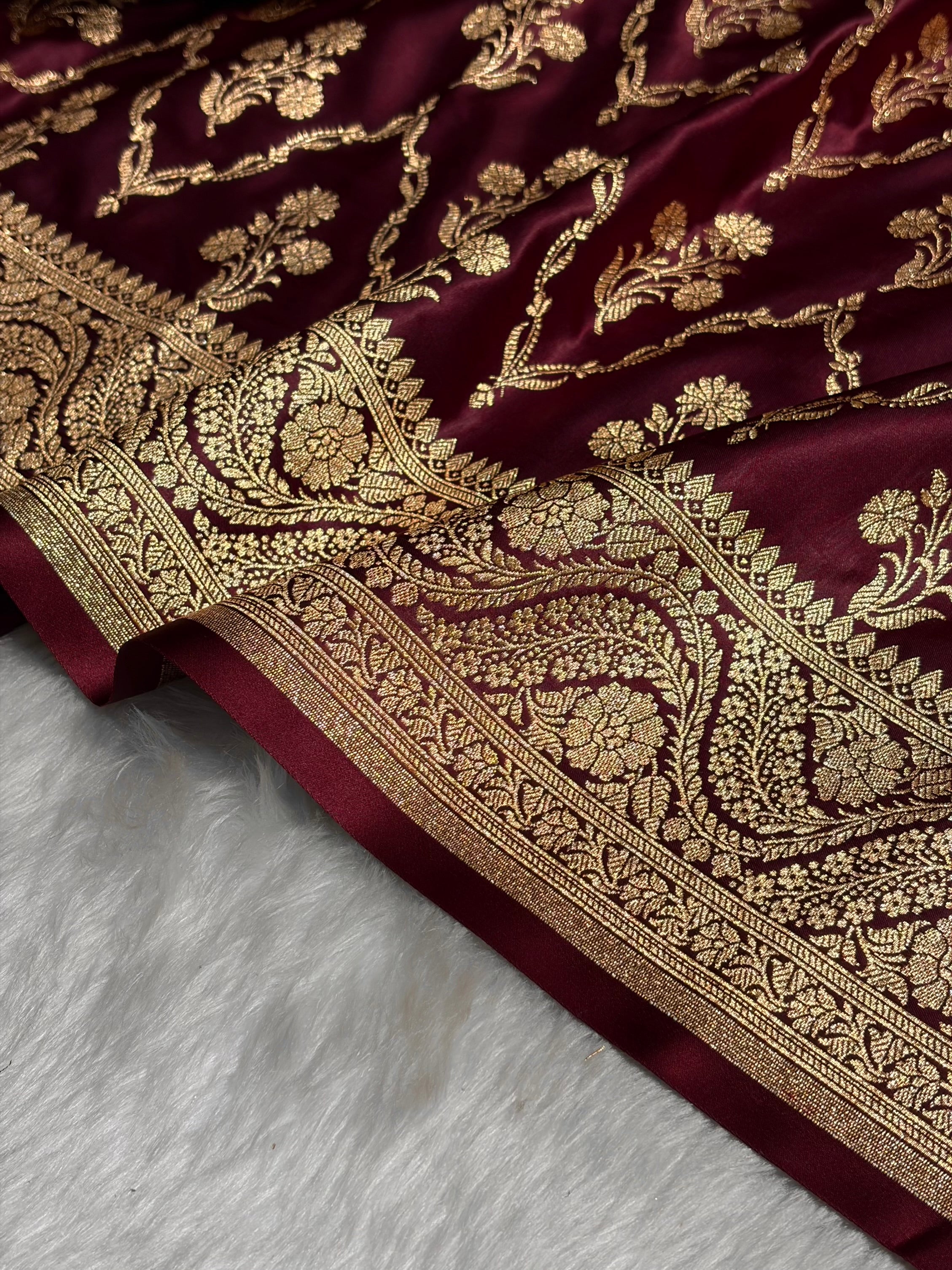 Garnet Cross with Boota Pattern Satin Katan Silk Saree SK67