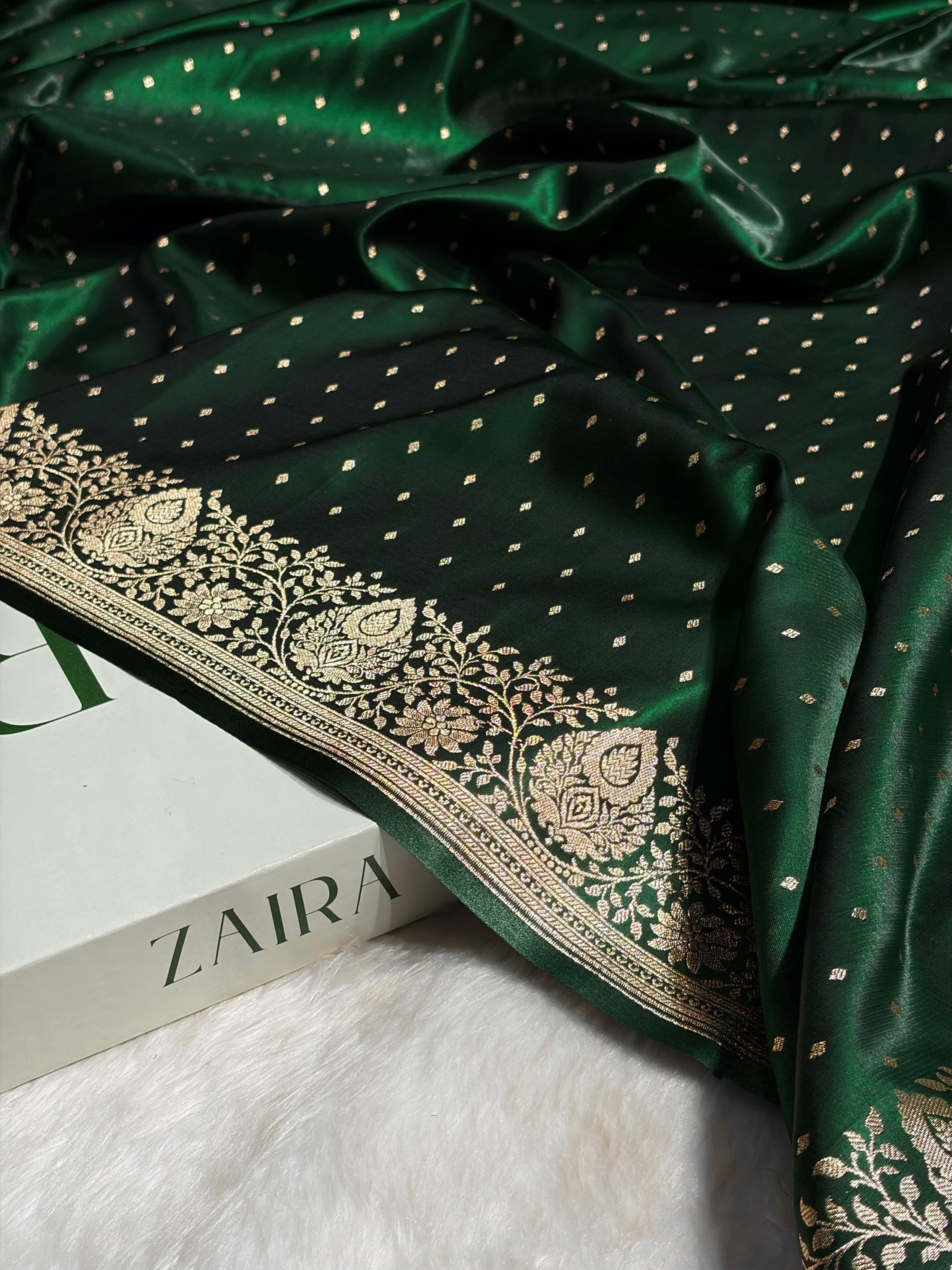 Ultra Light Weight Satin Silk Boota in Bottle Green Shades SS31