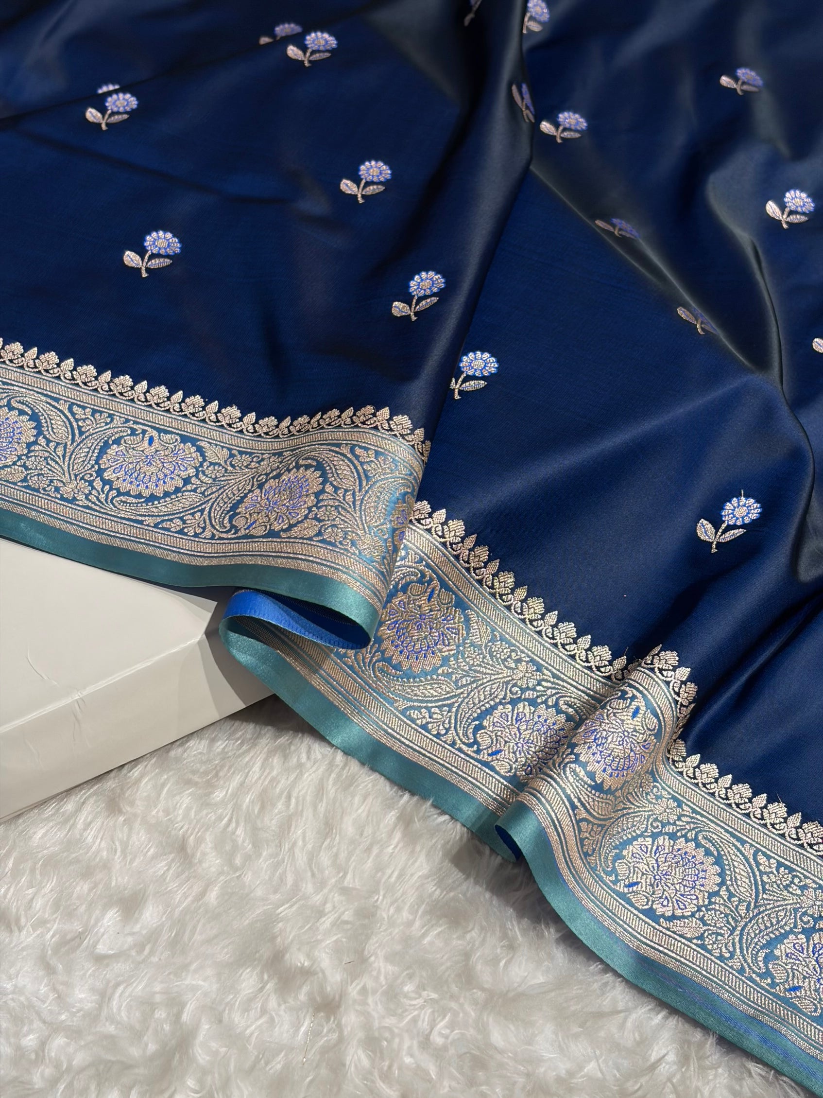 German Blue / Sky Blue Shades Banarasi Booti Pattern Mashru Silk Saree MSM-137