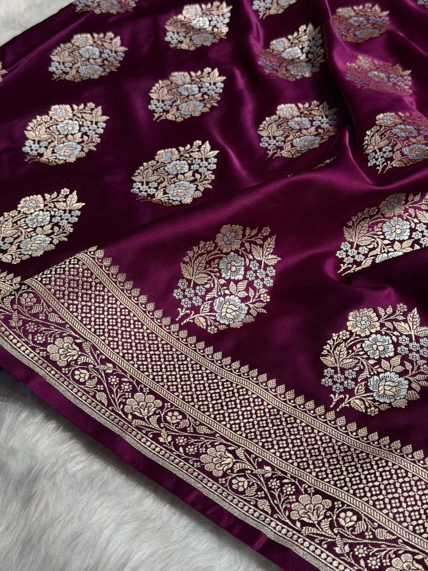 Premium Banarasi Satin Katan Saree With Minakari Boota in Wine Shades SK93