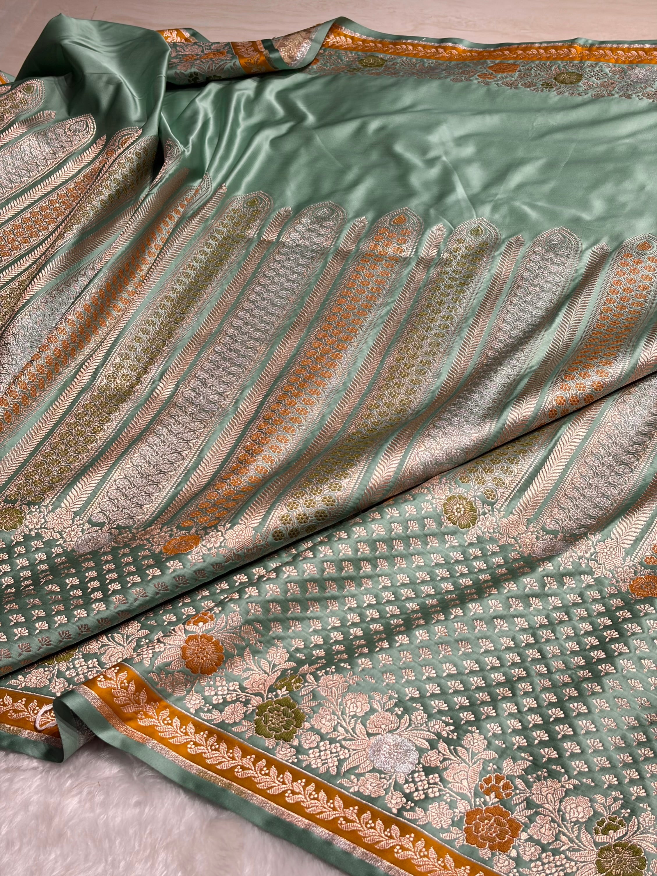 Turquoise Shades Floral Minakari Skirt Border Mashru Silk Saree MSM-83