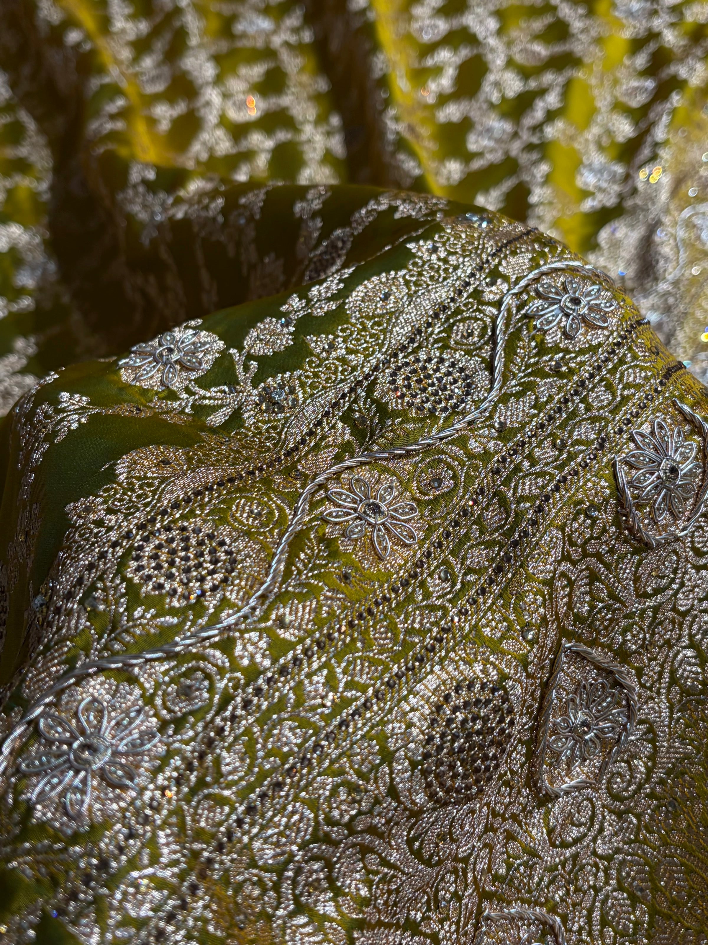Liril Mahndi Shades Jaal Floral Pattern With Zardozi And Swarovski Stone Work Satin Katan Silk Saree BSK80