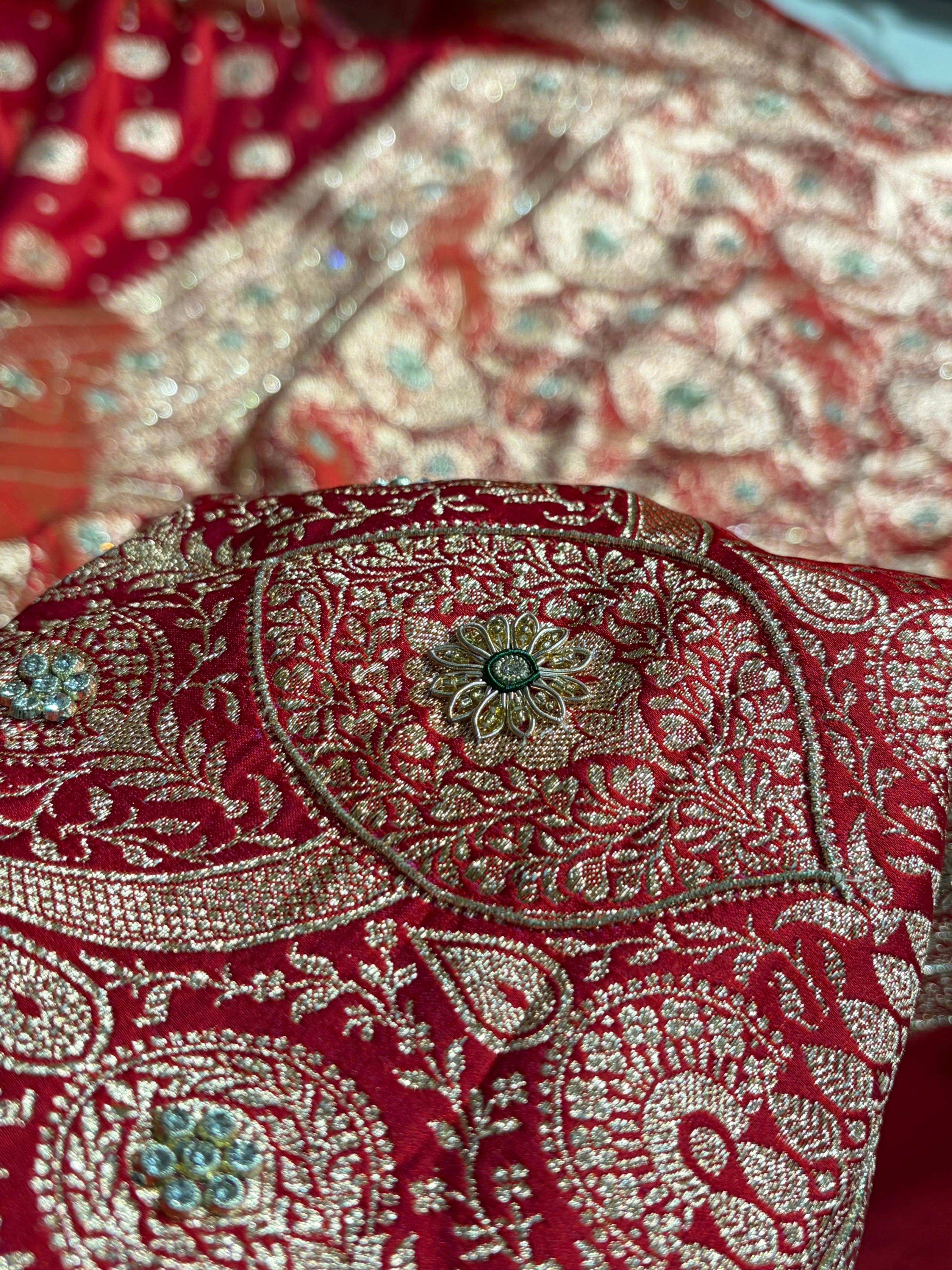 Bridal Red Unique Boota Pattern With Stone & Ari Work Satin Katan Silk Saree BSK69