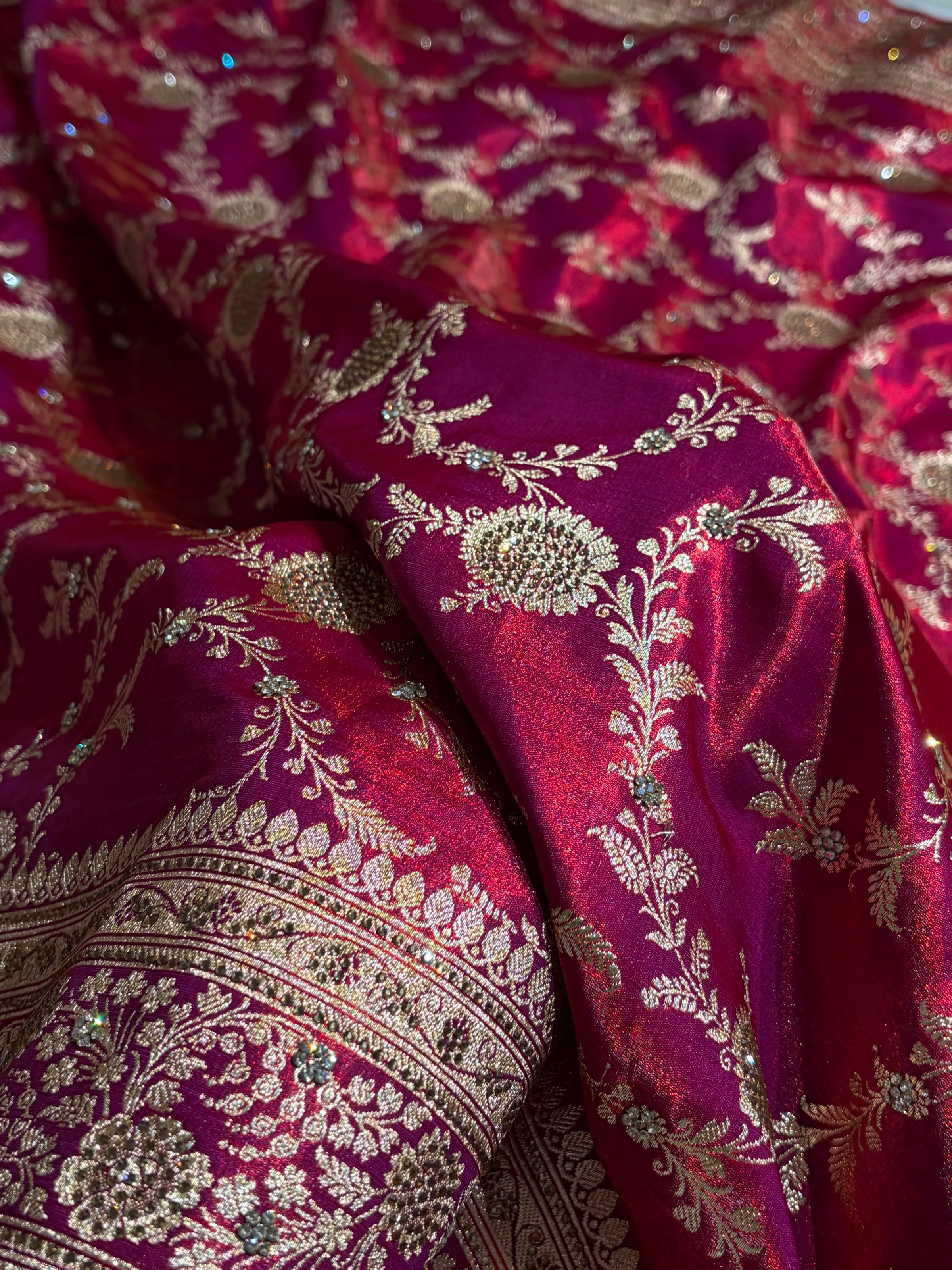 Light Weight Reddish Magenta Satin Silk Saree with Swarovski work BSS14