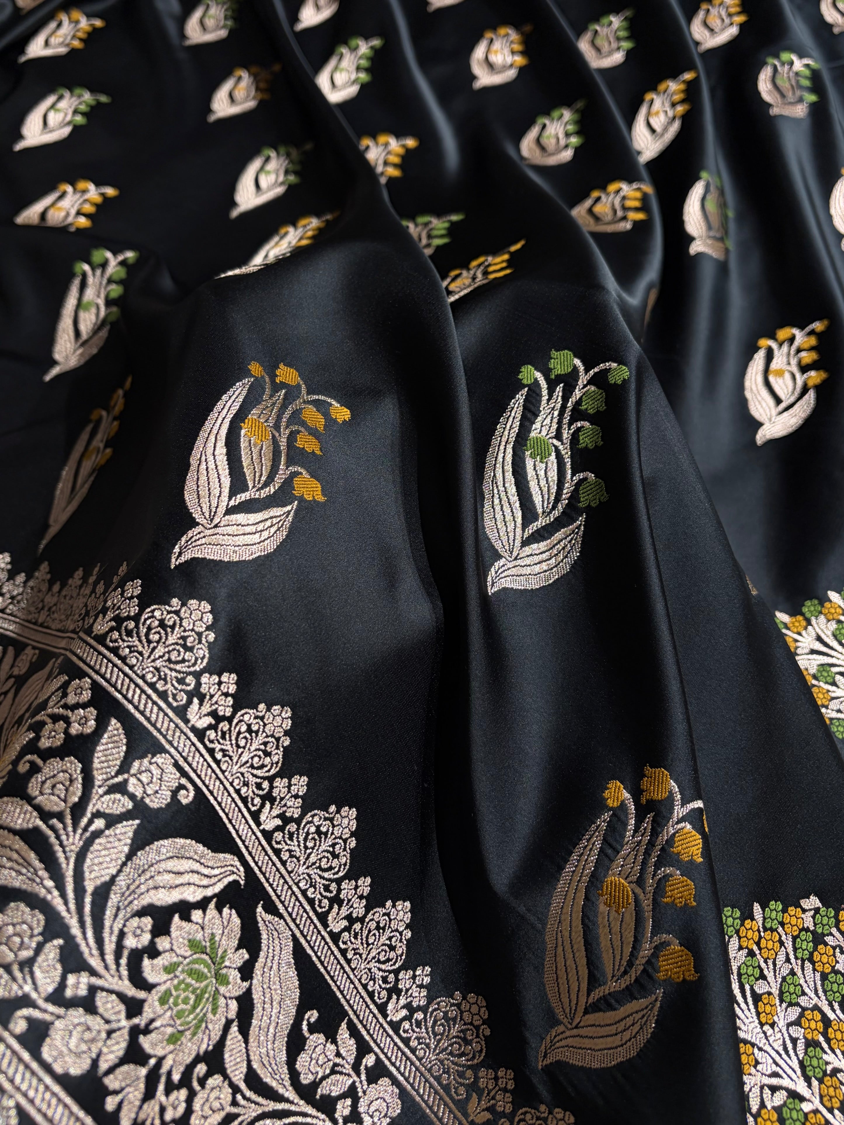 Black Shades Banarasi Boota Pattern Minakari Floral Mashru Silk Saree MSM-121