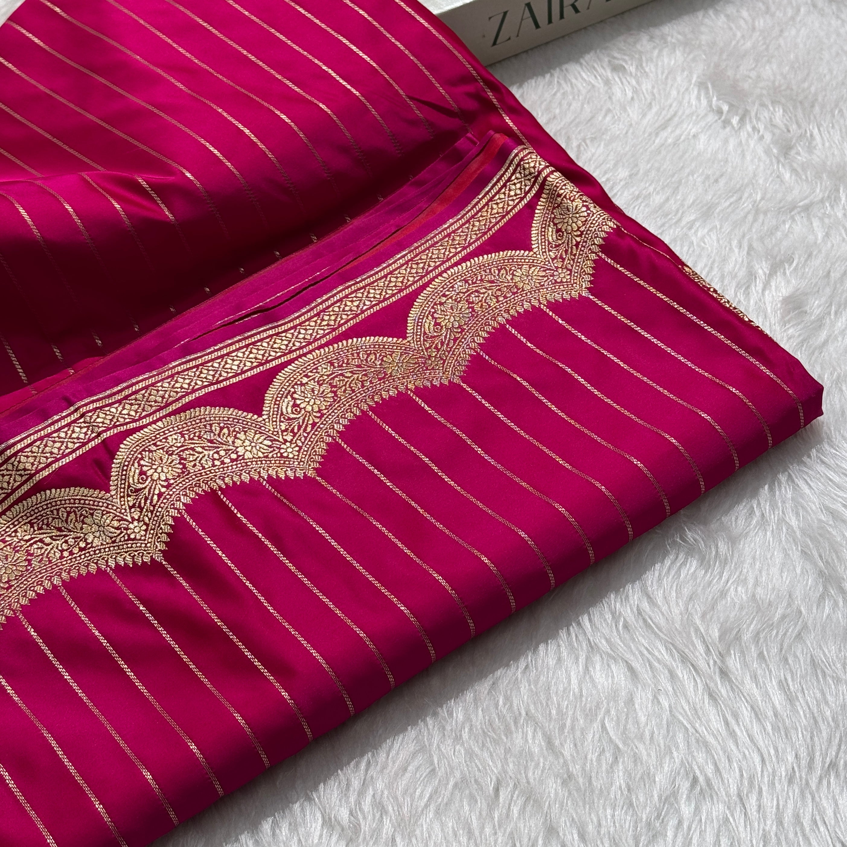 Pink Scallop Strip Mashru Silk Banarasi Saree MSS