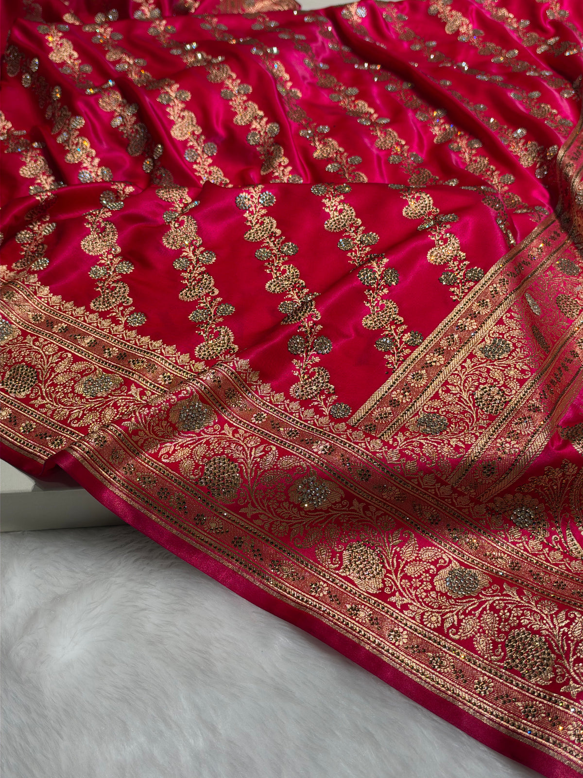 Rani Shades Swarovski Work Cross Pattern Satin Silk Saree BSS51