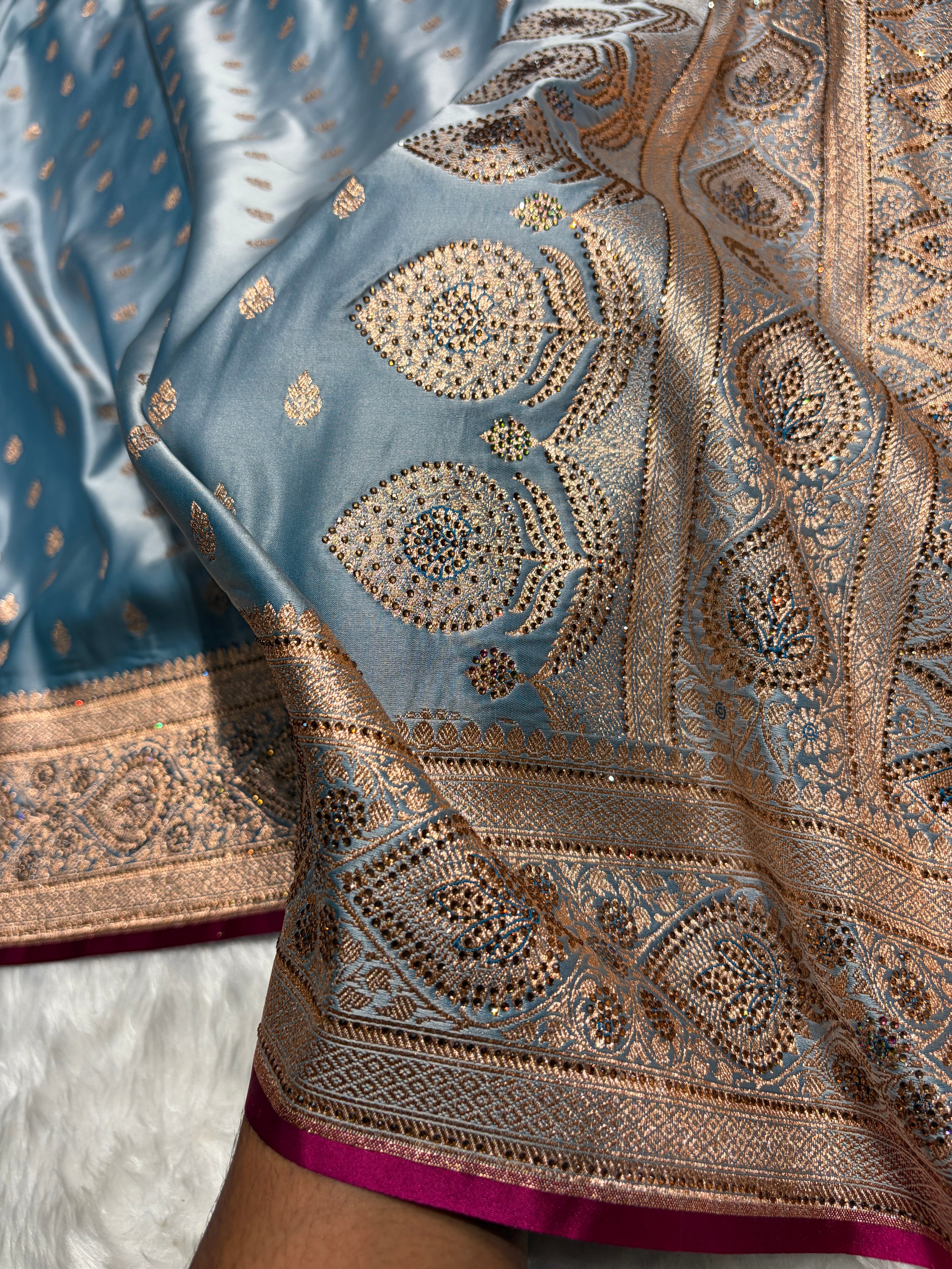 Sky Blue Swarovski Work Booti Satin Katan Silk Saree BSK10