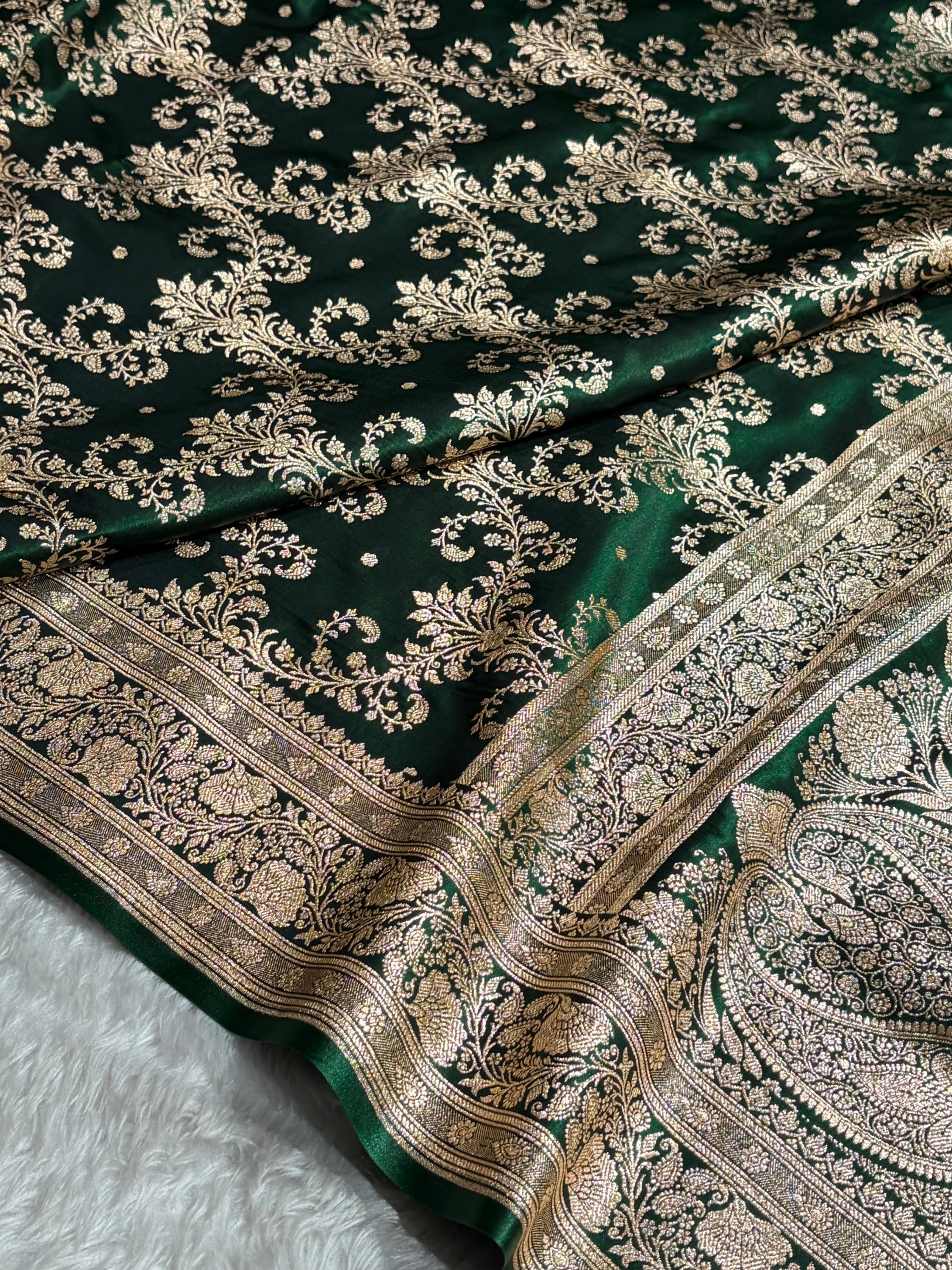 Bottle Green Shades Jaal Pattern Banarasi Satin Silk Saree SS49