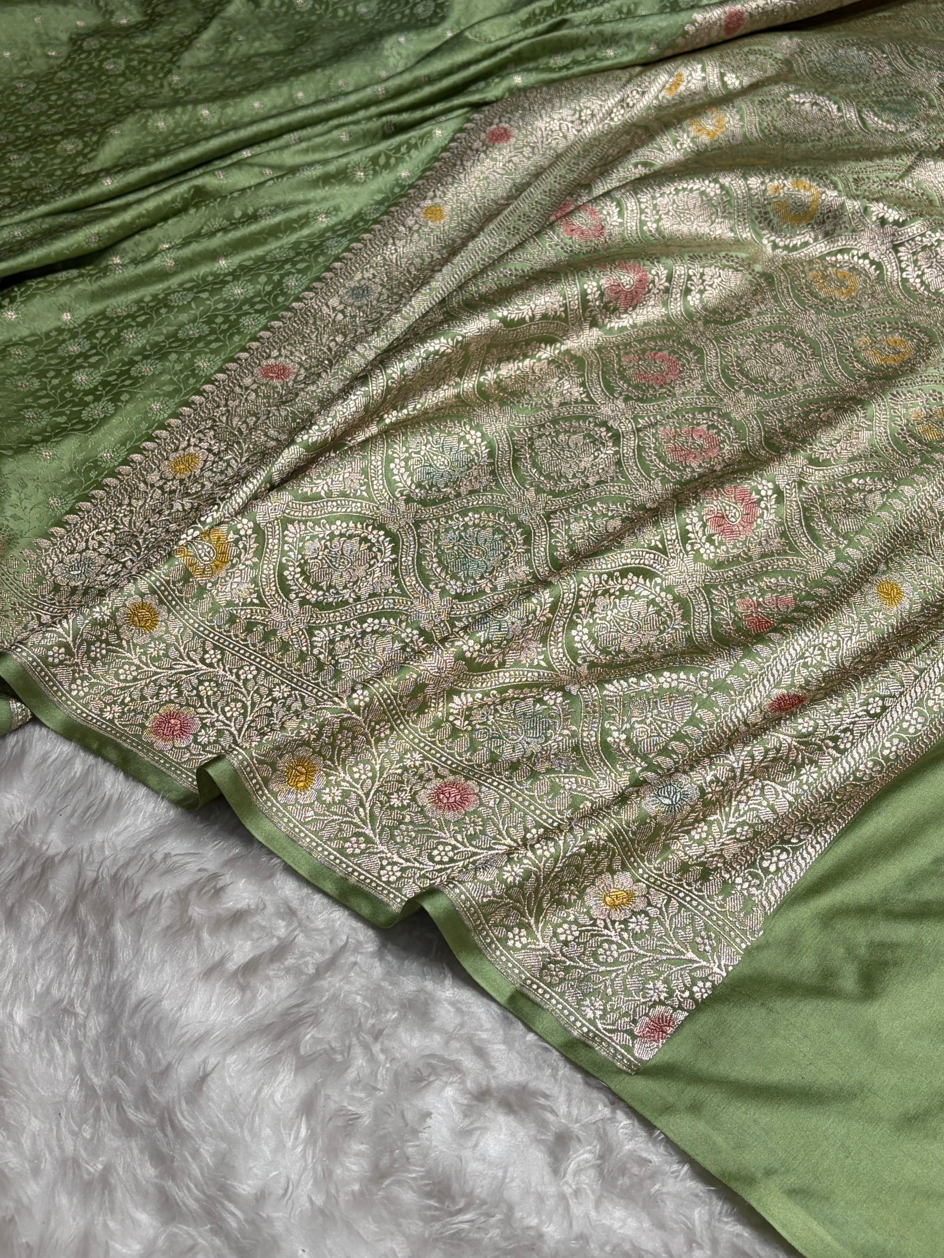 Light Green Shades Booti Minakari Tanchoi Mashru Silk Saree MS49