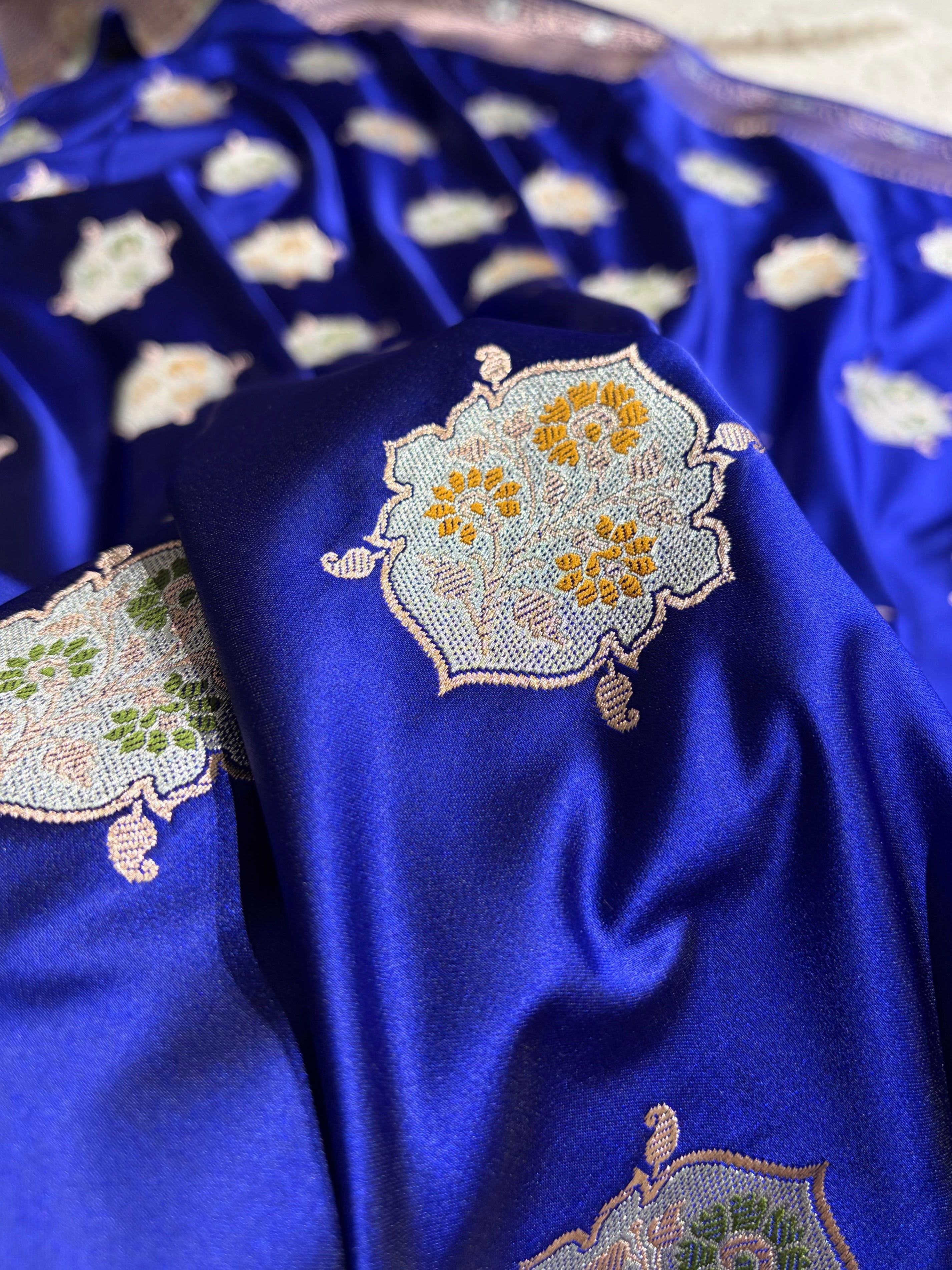 Premium Banarasi Satin Katan Saree Minakari Booti Pattern in Royal Blue Shades SK138