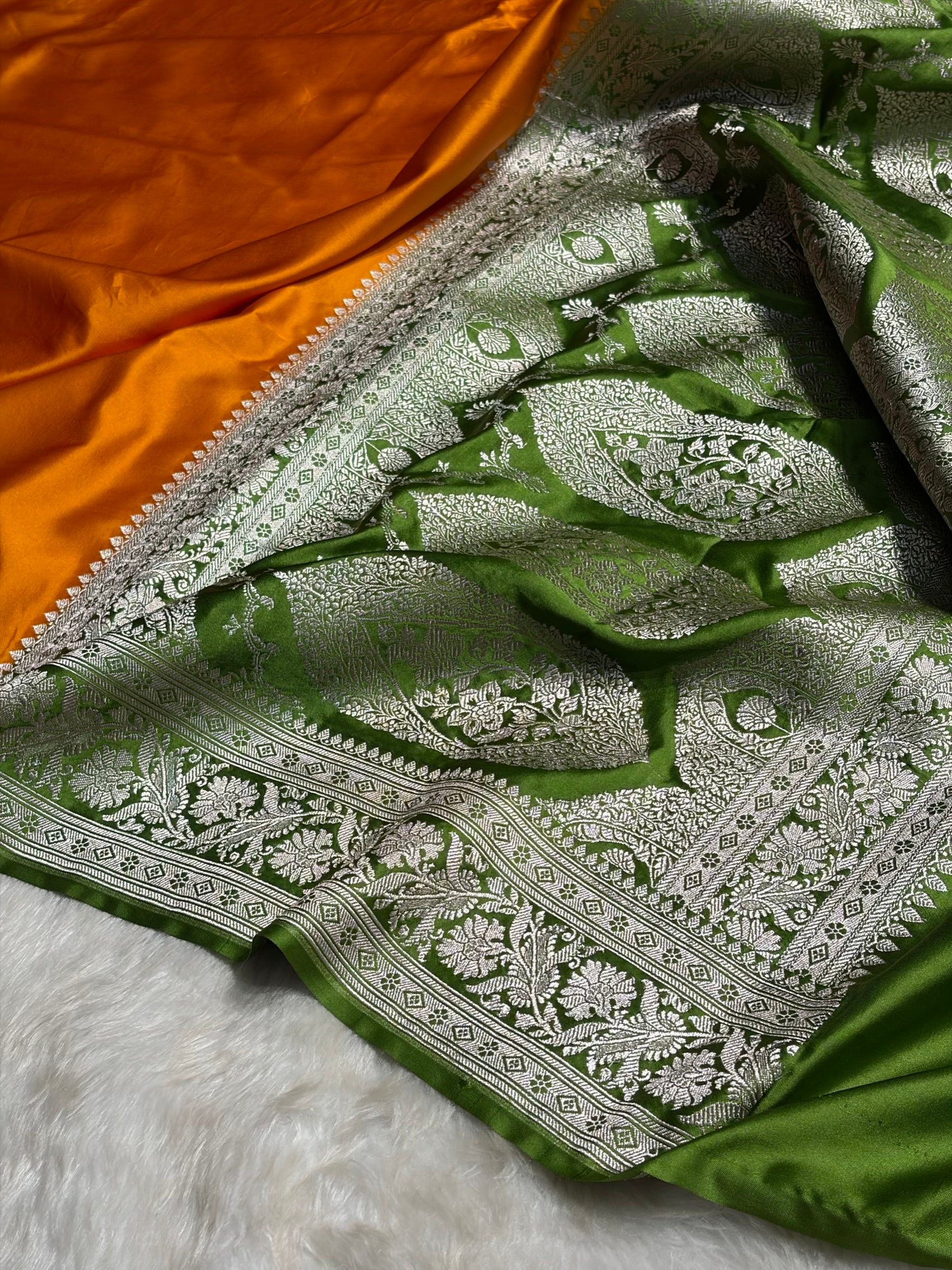 Contrast Orange with Green Border Plain Mashru Silk Saree MS22