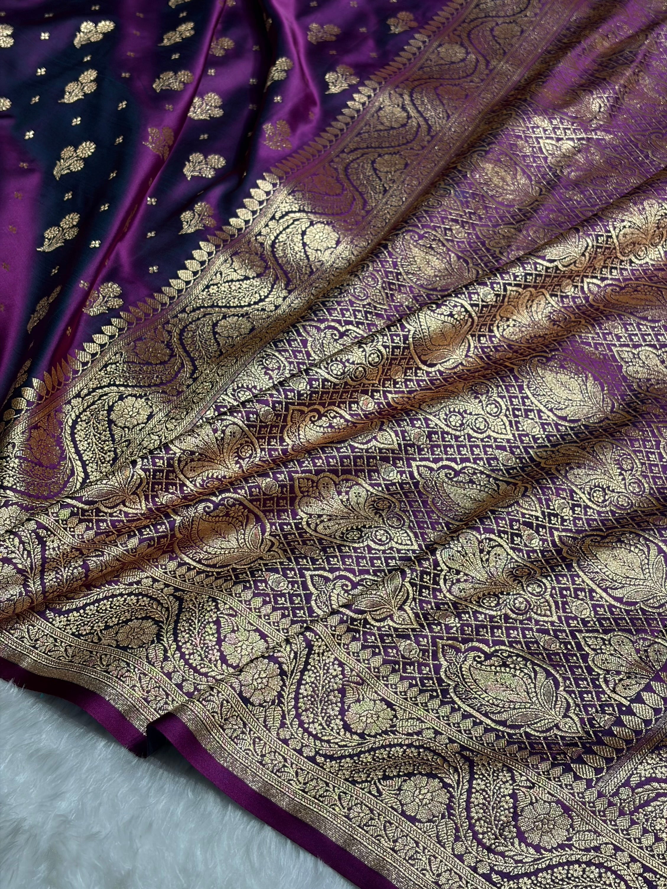 Wine Floral Unique Boota Pattern Satin Katan Silk Saree SK73