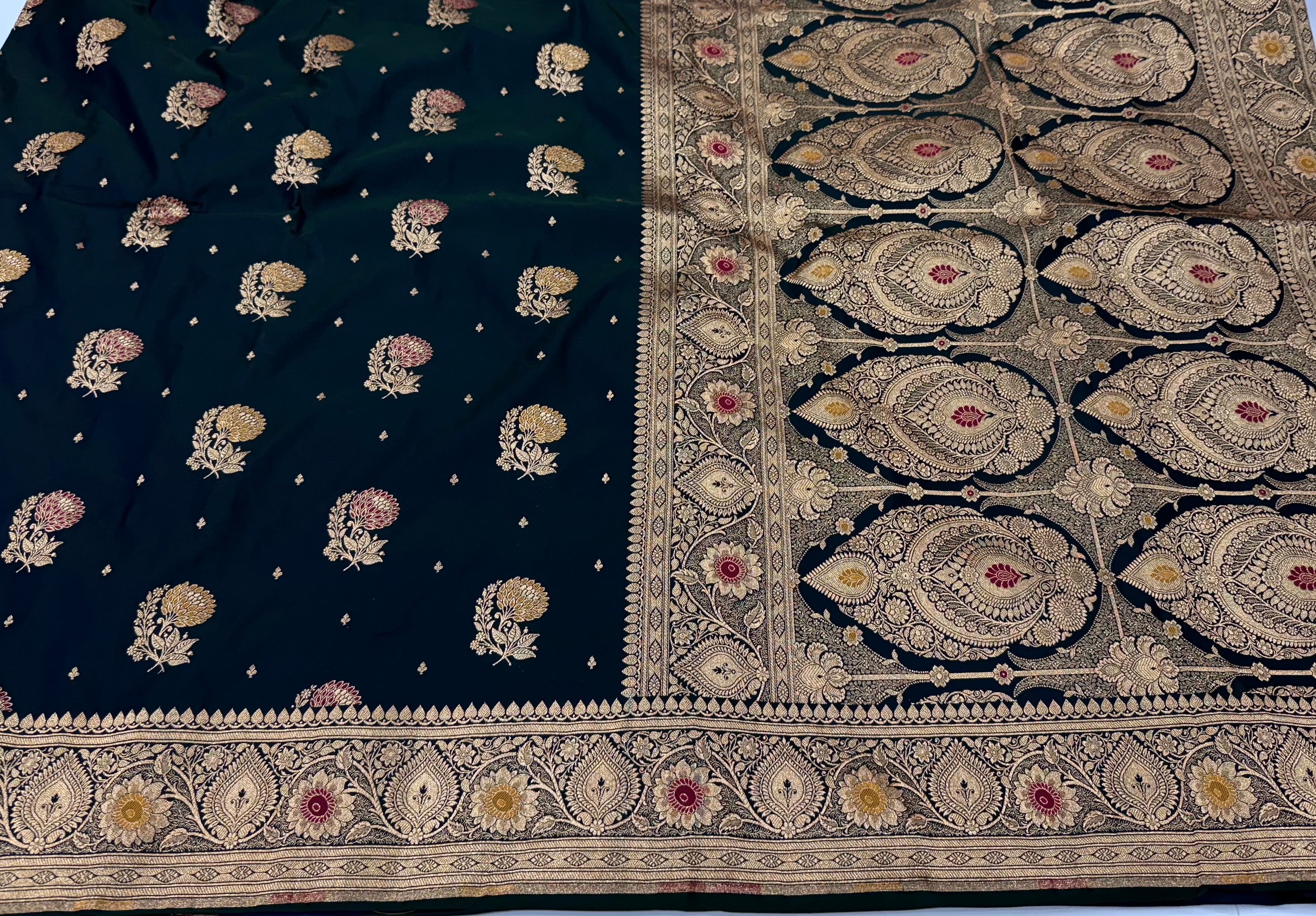 Dark Bottle Green Minakari Boota Mashru Silk Saree