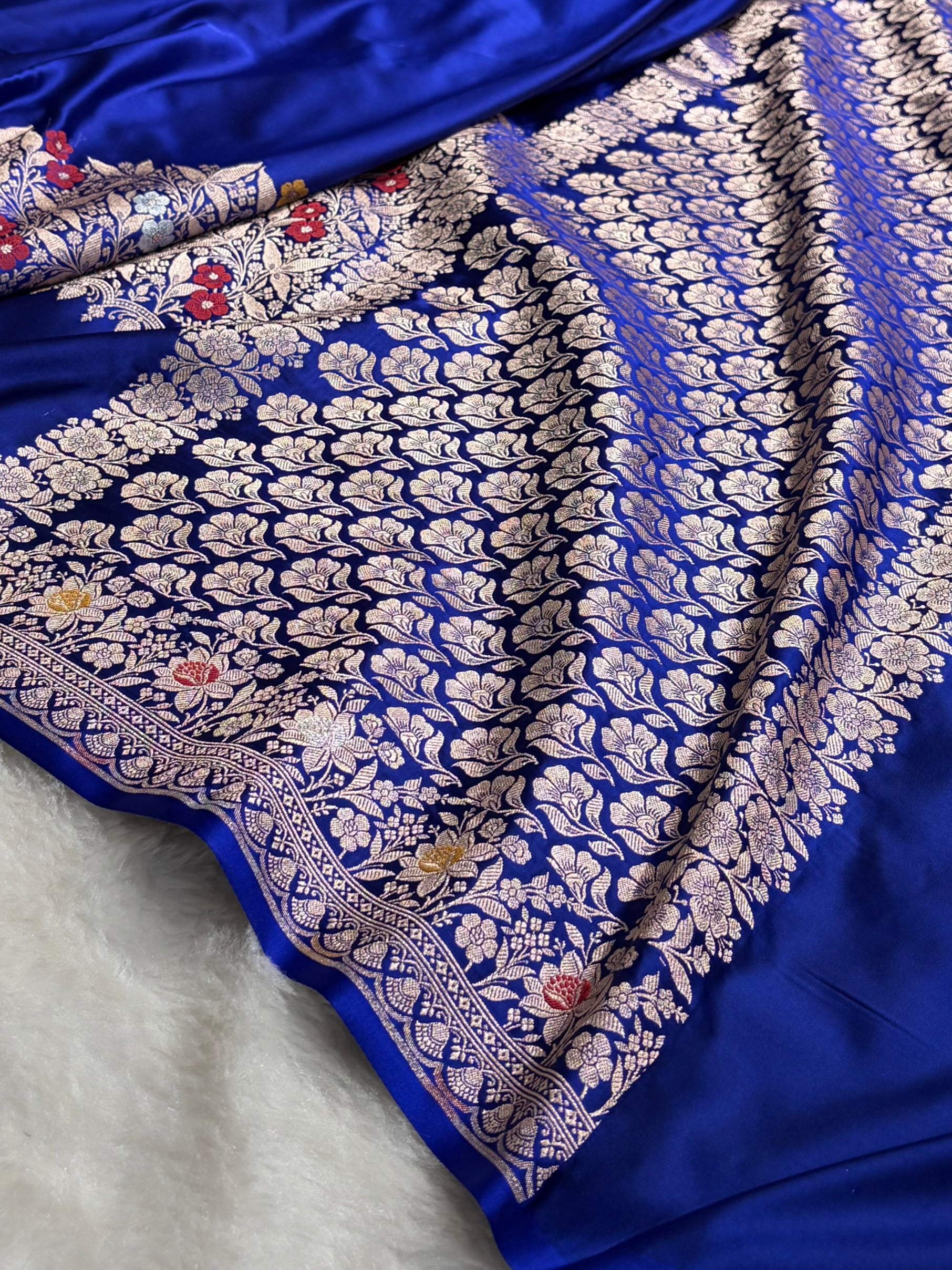 Royal Blue Shades Banarasi Minakari Boota Skirt Pattern Floral Mashru Silk Saree MSM-116