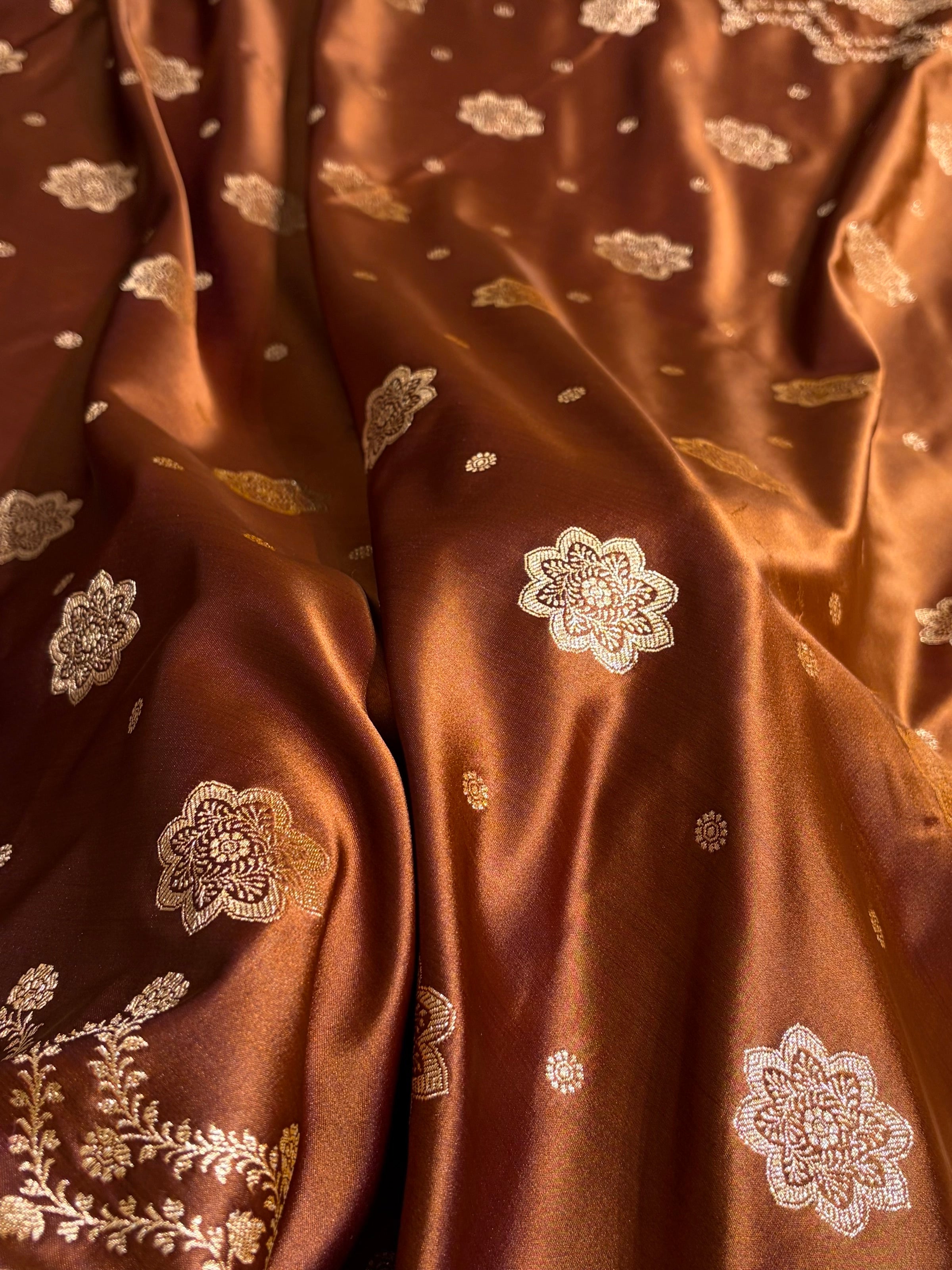 Banarasi Satin Katan Saree Floral Boota Pattern in Coffee Brown Shades SK146