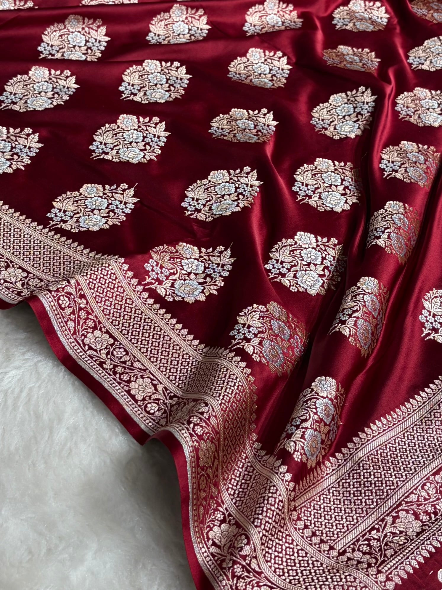 Premium Banarasi Satin Katan Saree With Minakari Boota in Maroon Shades SK93