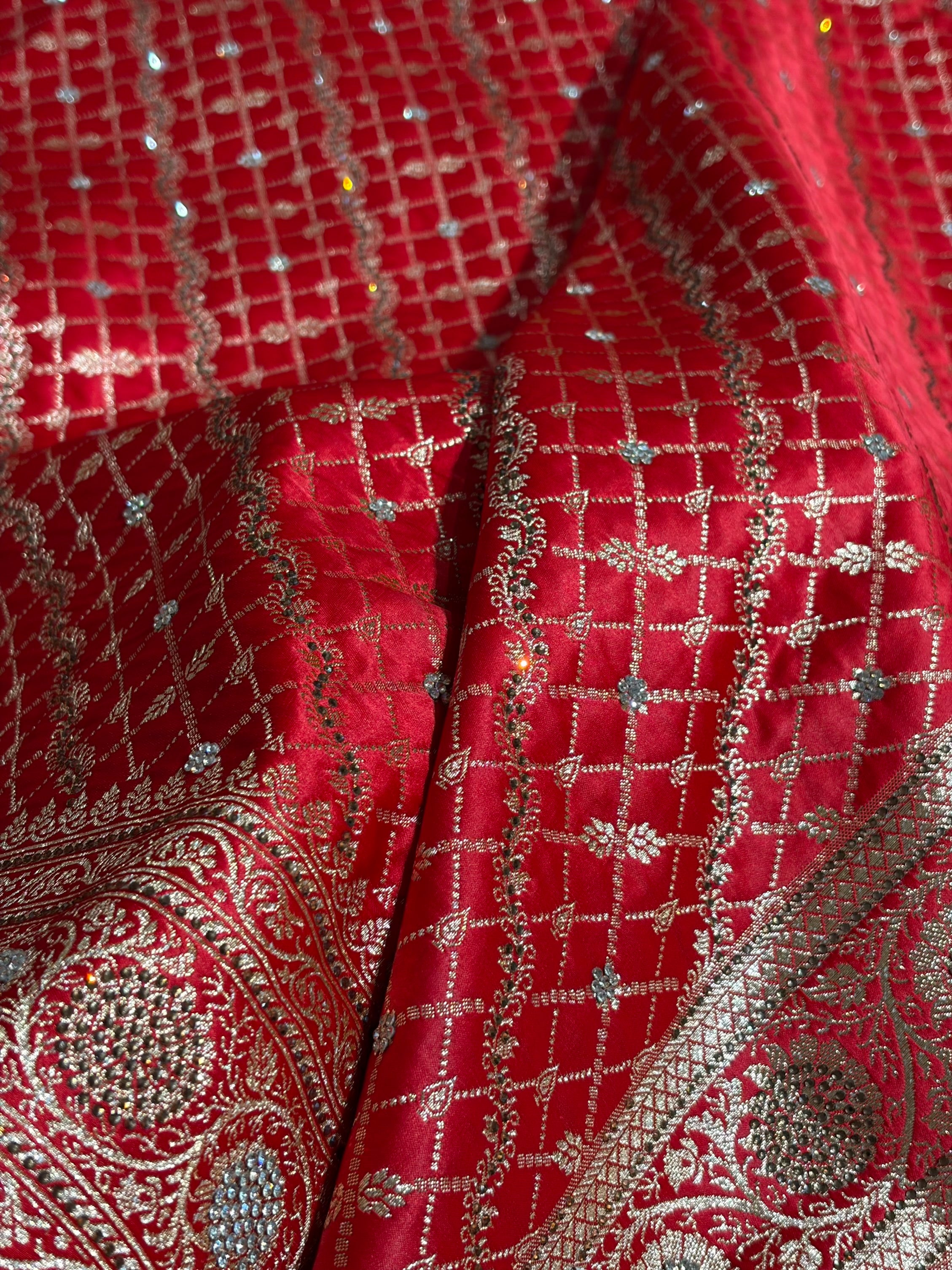 Red Banarasi Brocade With Swarovski Work Soft Katan Silk Saree - BSK44