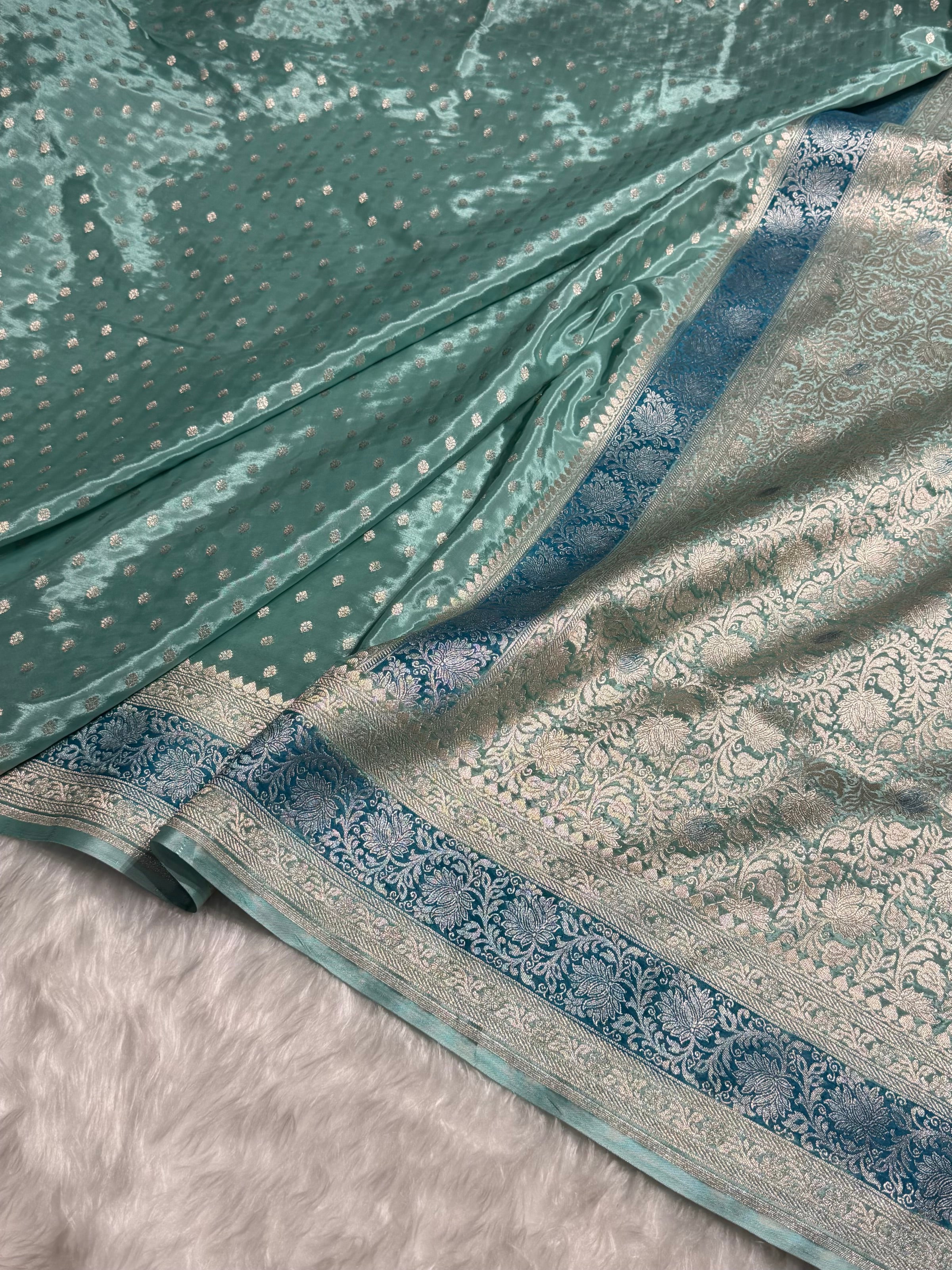 Banarasi Sea Green Shades With Contrast Border Crepe Silky Katan Banarasi Saree CSK-02