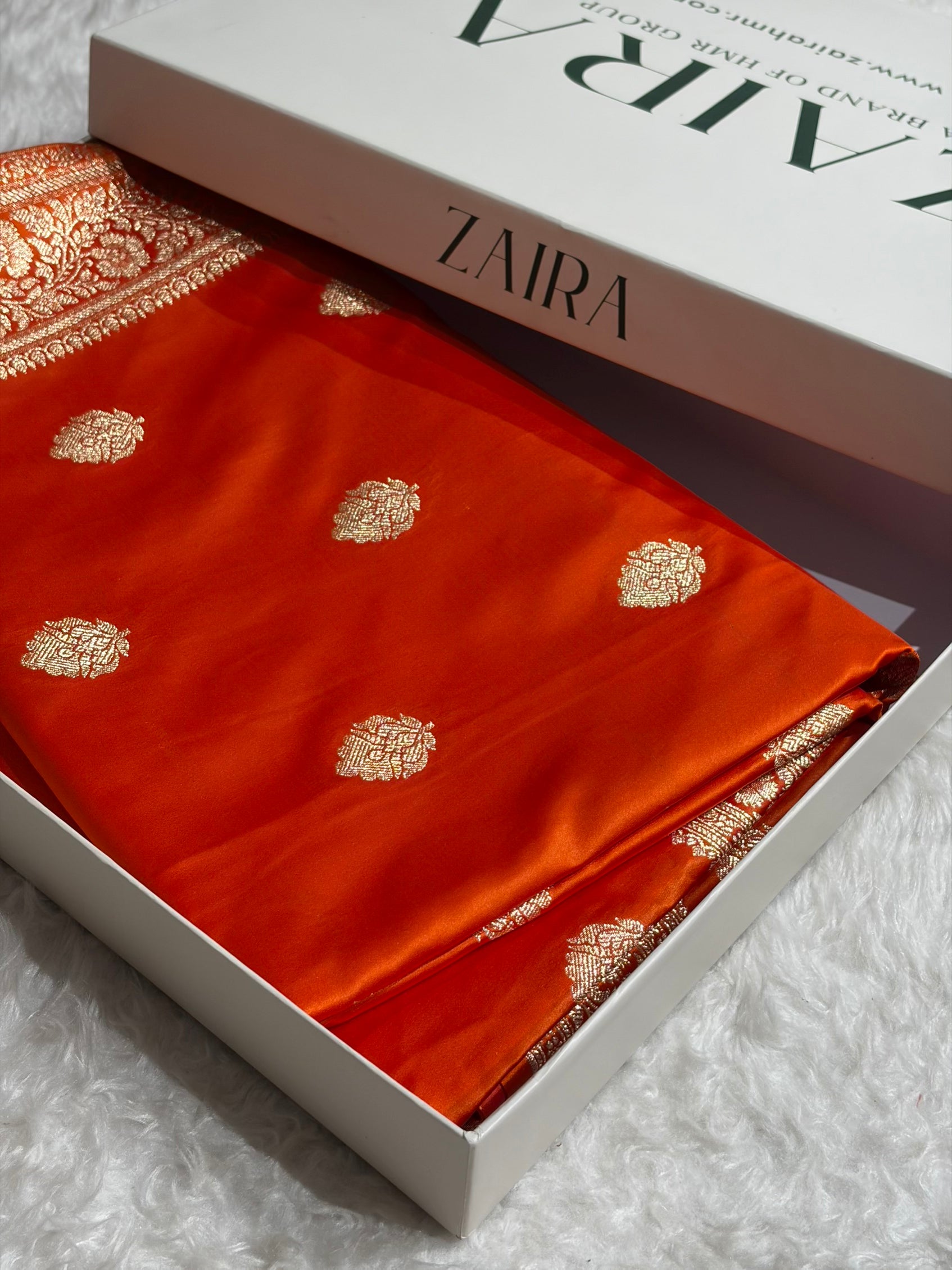 Banarasi Fanta Orange Booti Pattern Satin Katan Silk Saree SK65