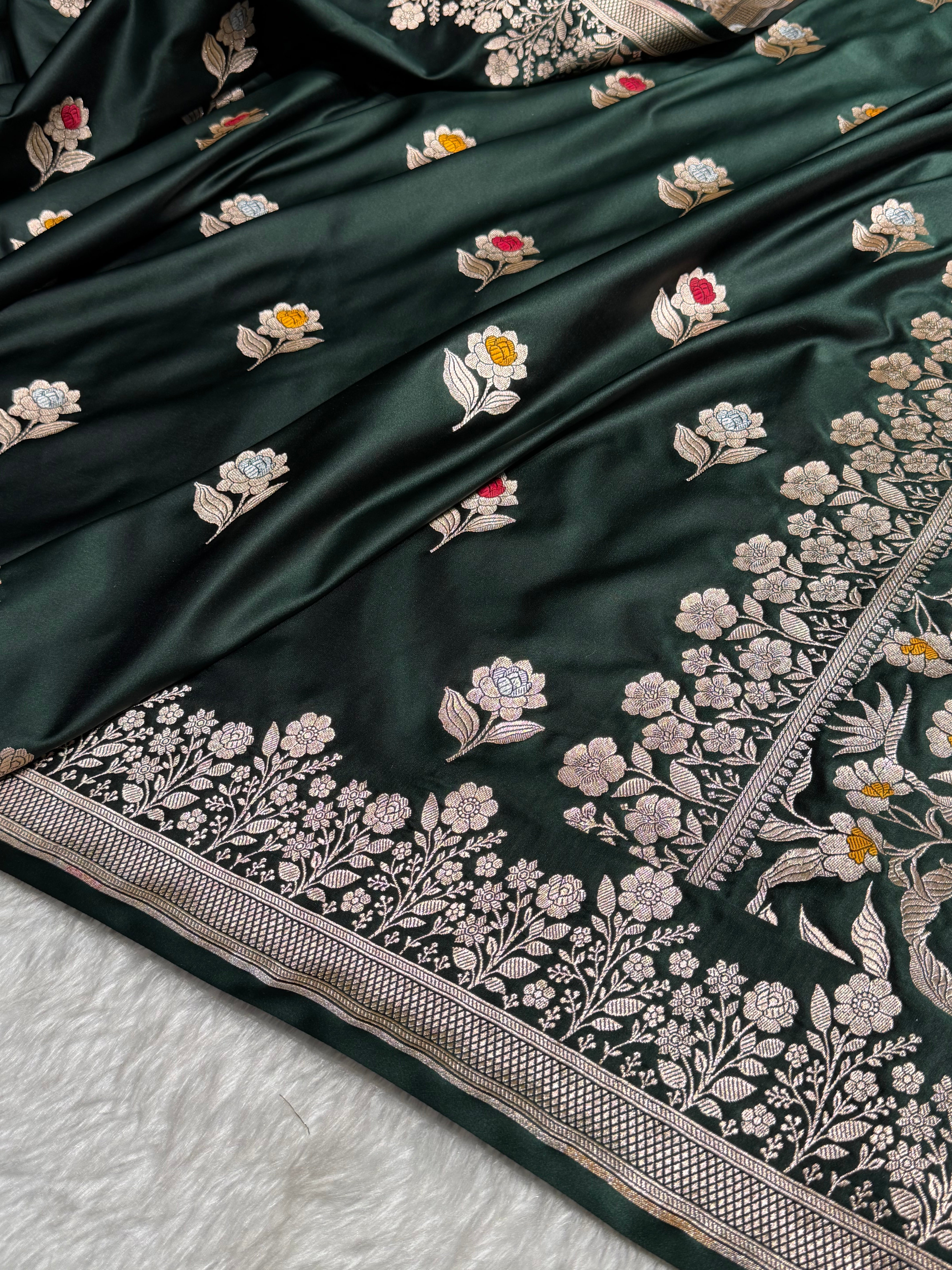 Premium Banarasi Satin Katan Saree With Minakari Boota in Dark Bottle Green Shades SK94
