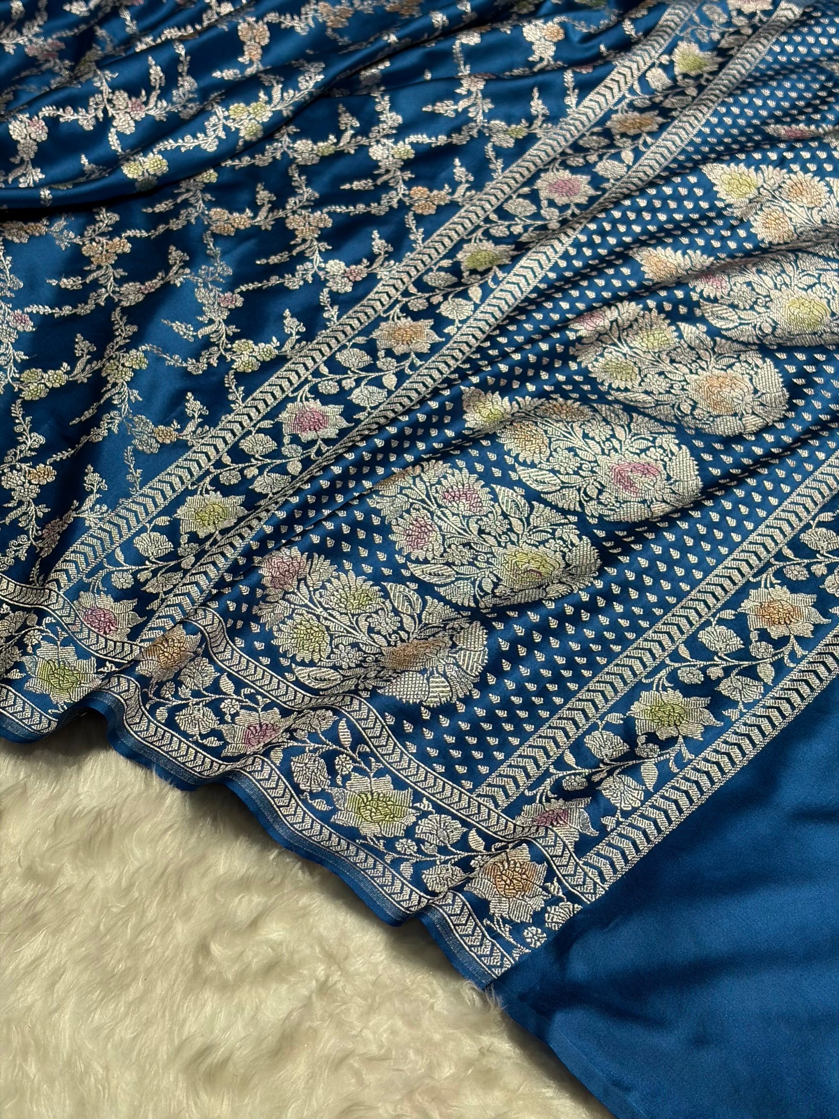 Light German Blue Shade Banarasi Minakari with Jaal Pattern Mashru Silk Saree MS56