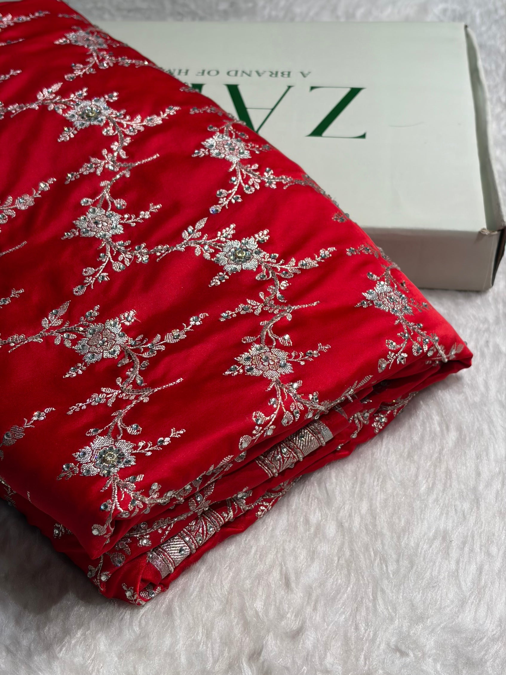 Red Bananasi Jaal Mashru Silk Saree with Swarovski Work BMS08