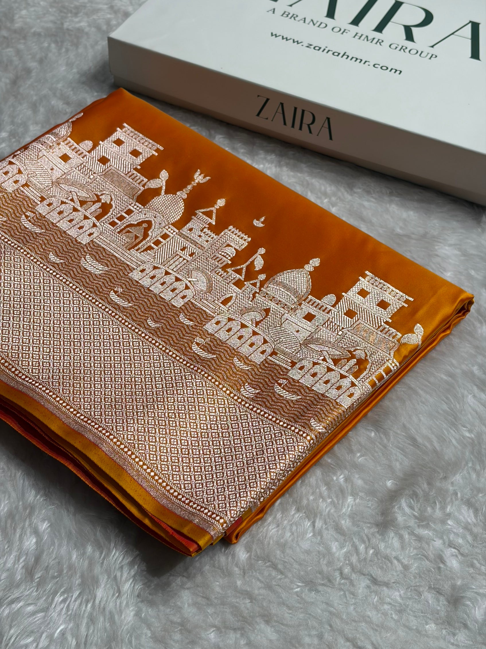 Orange Shades Ghat Pattern Satin Katan Silk Saree SK19