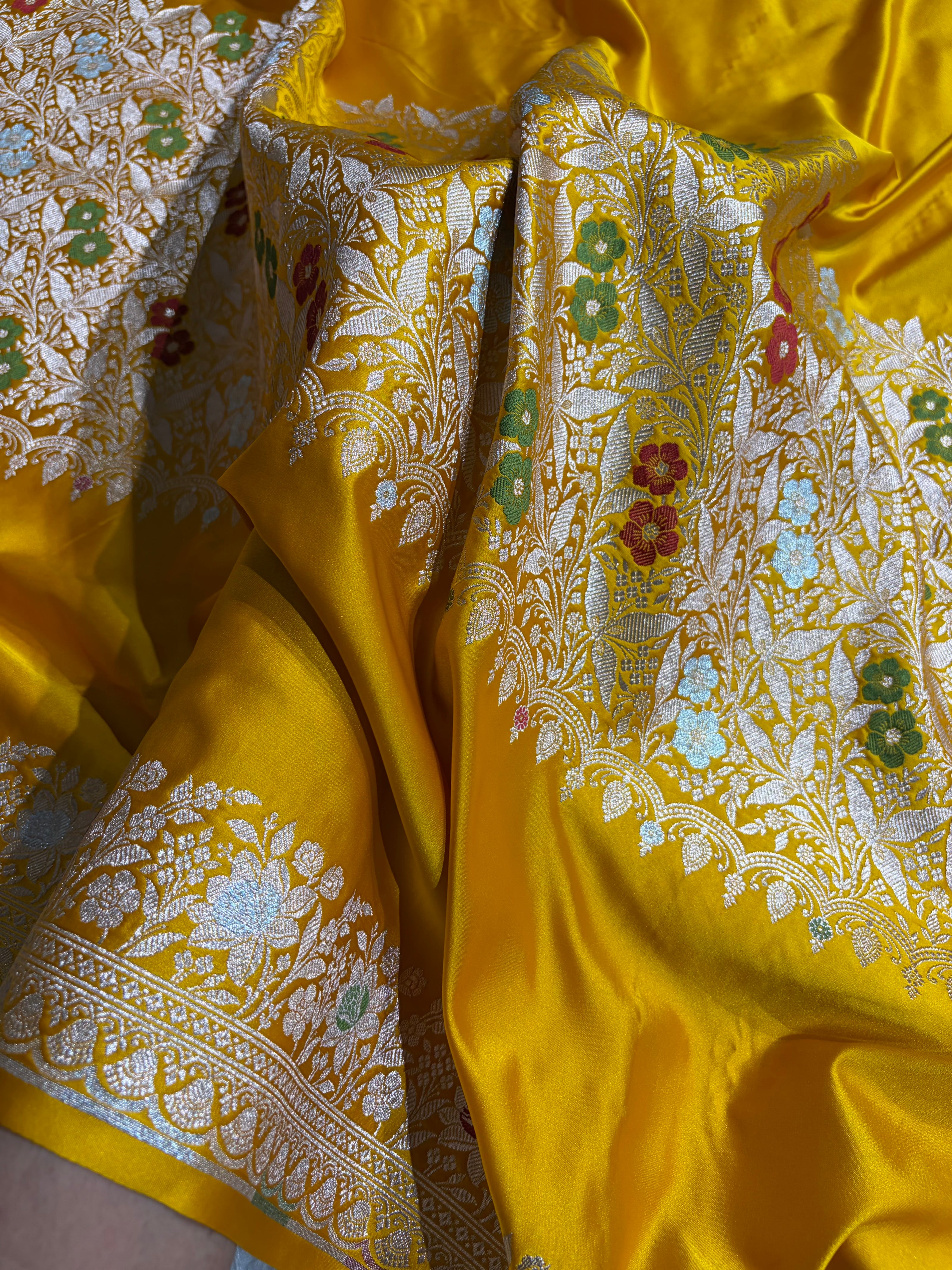 Mustard Shades Banarasi Minakari Boota Skirt Pattern Floral Mashru Silk Saree MSM-116
