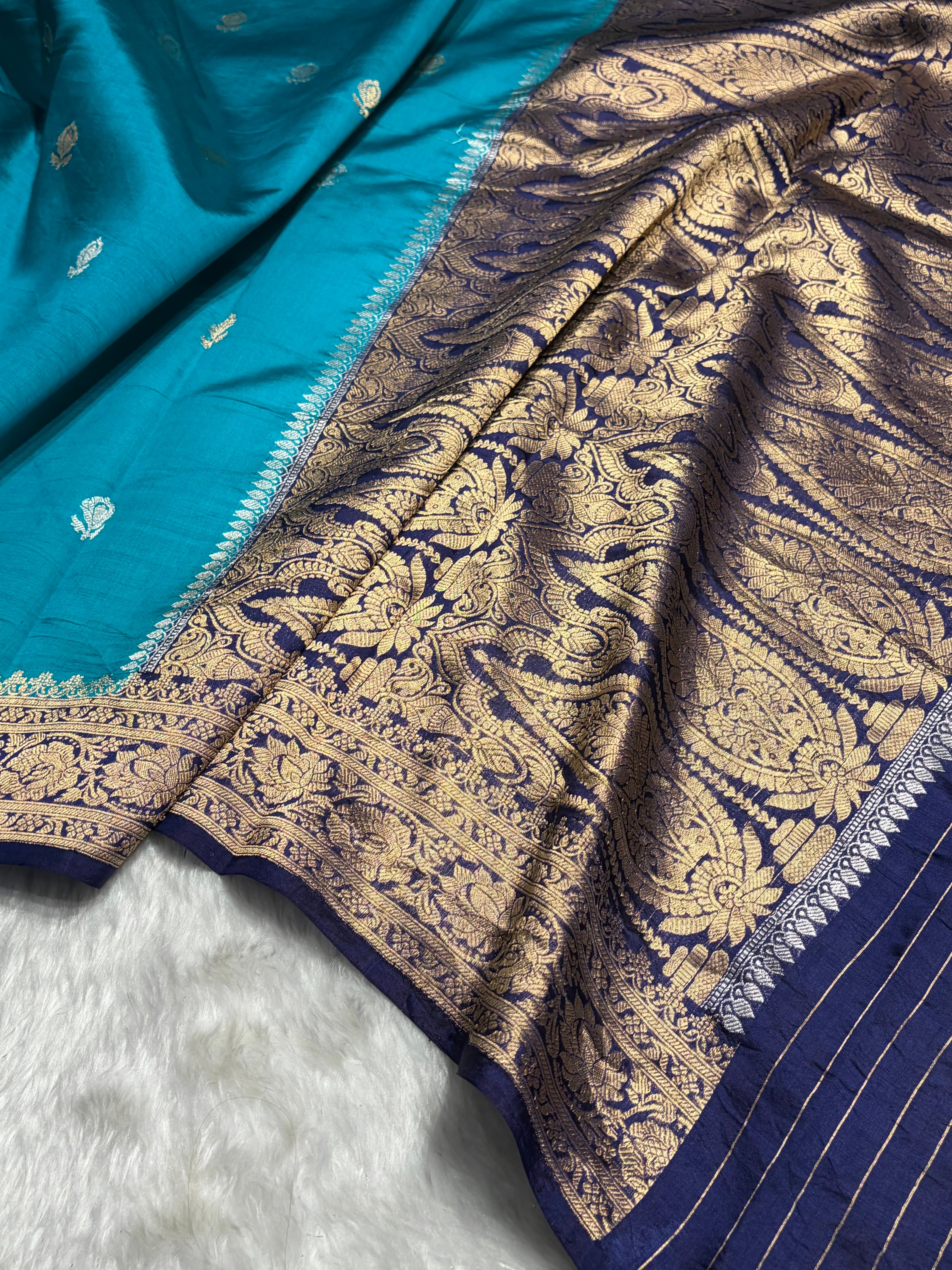 Contrast Firozi With Purple Shades Boota Handwoven Pure Raw Mango Silk RM-07