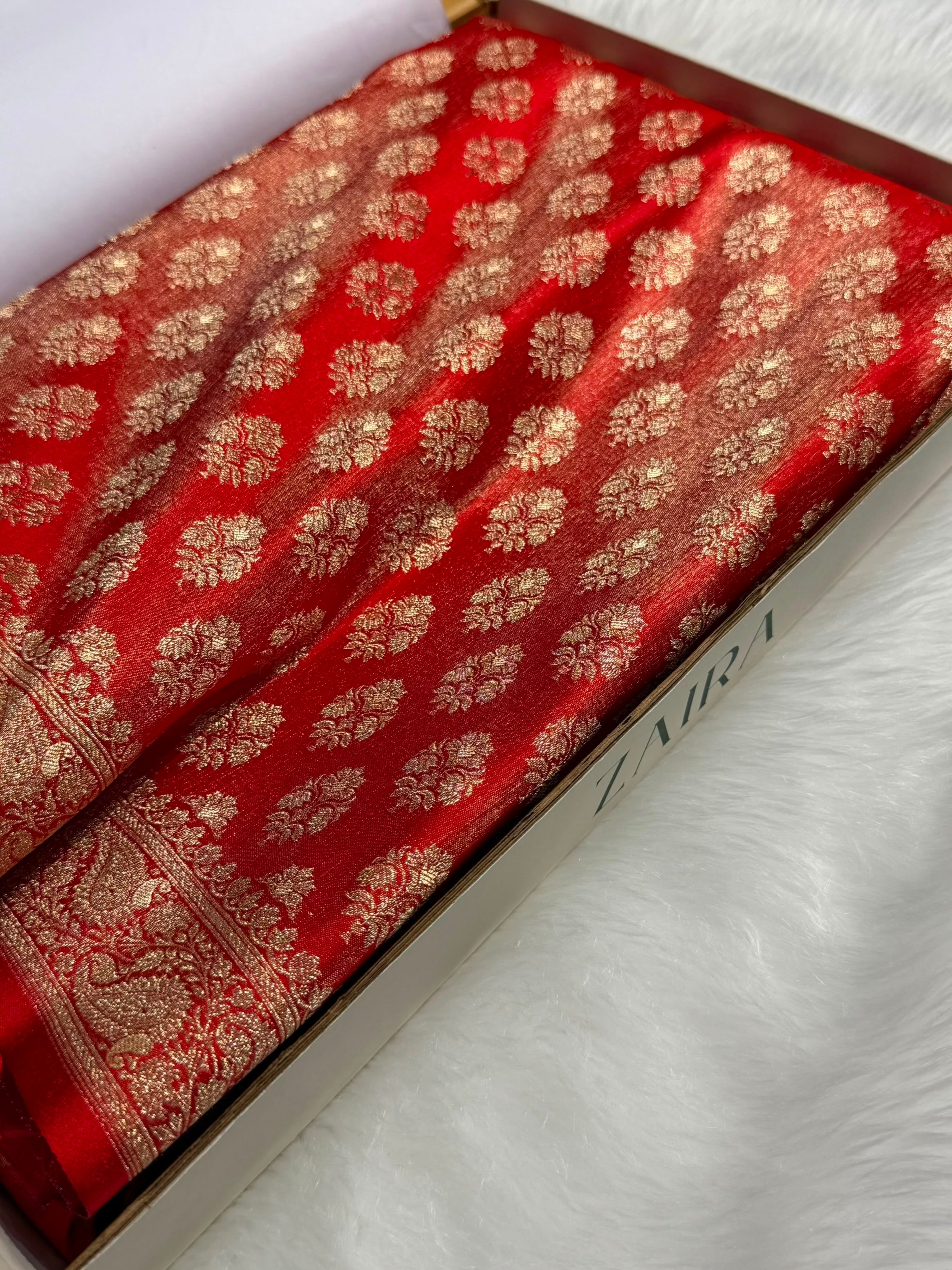 Banarasi Cross Red Shades Satin Tissue Silk Saree In Booti motif ST01