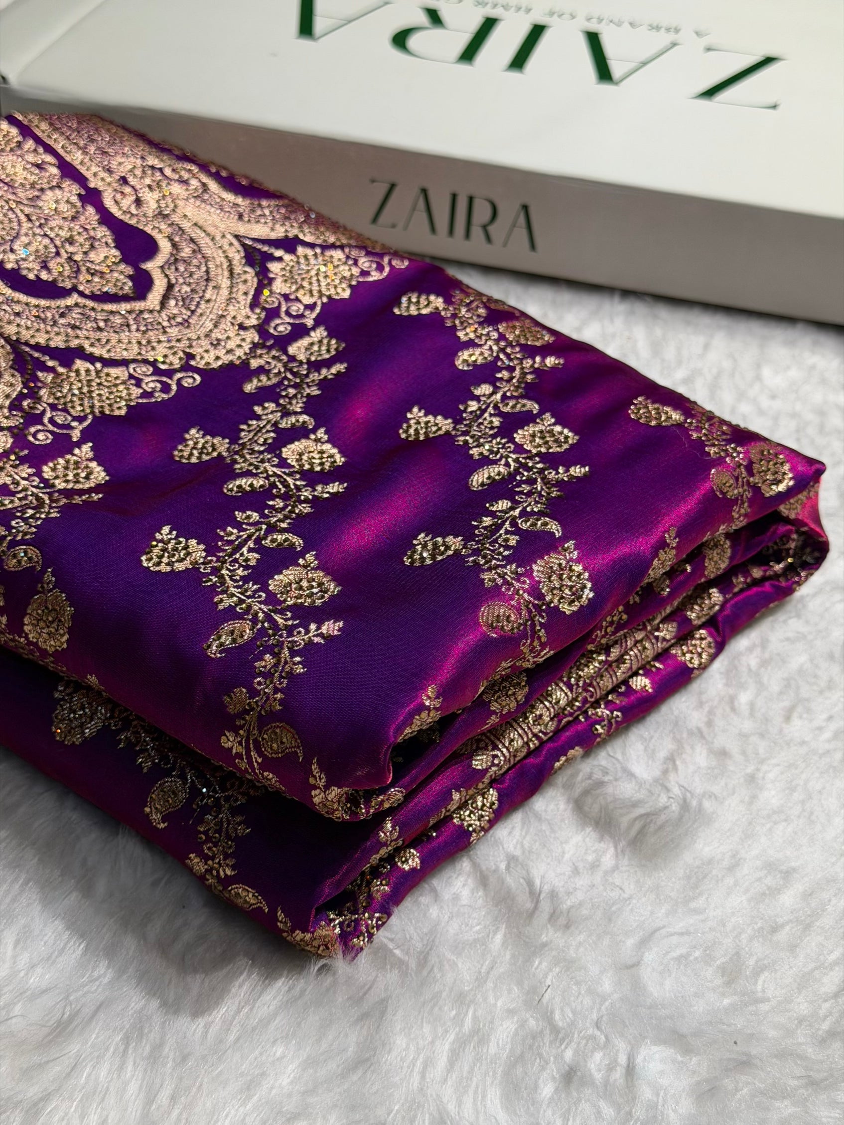 Cross Purple Shades Banarasi Cross Jaal With Stone Work Satin Silk Saree BSS11