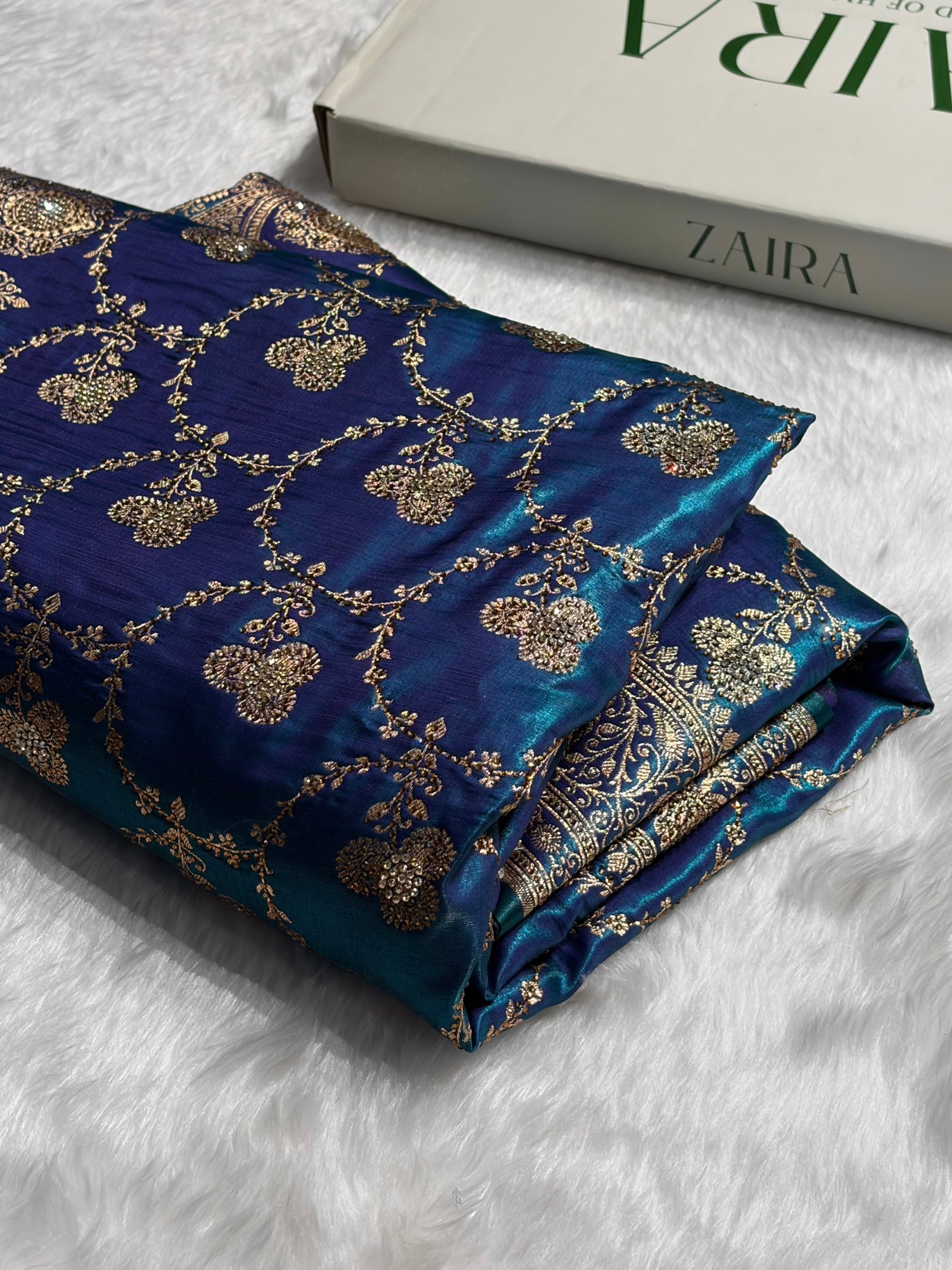 Satin Silk Saree Swarovski Work Jaal in Peacock Blue Shades BSS23