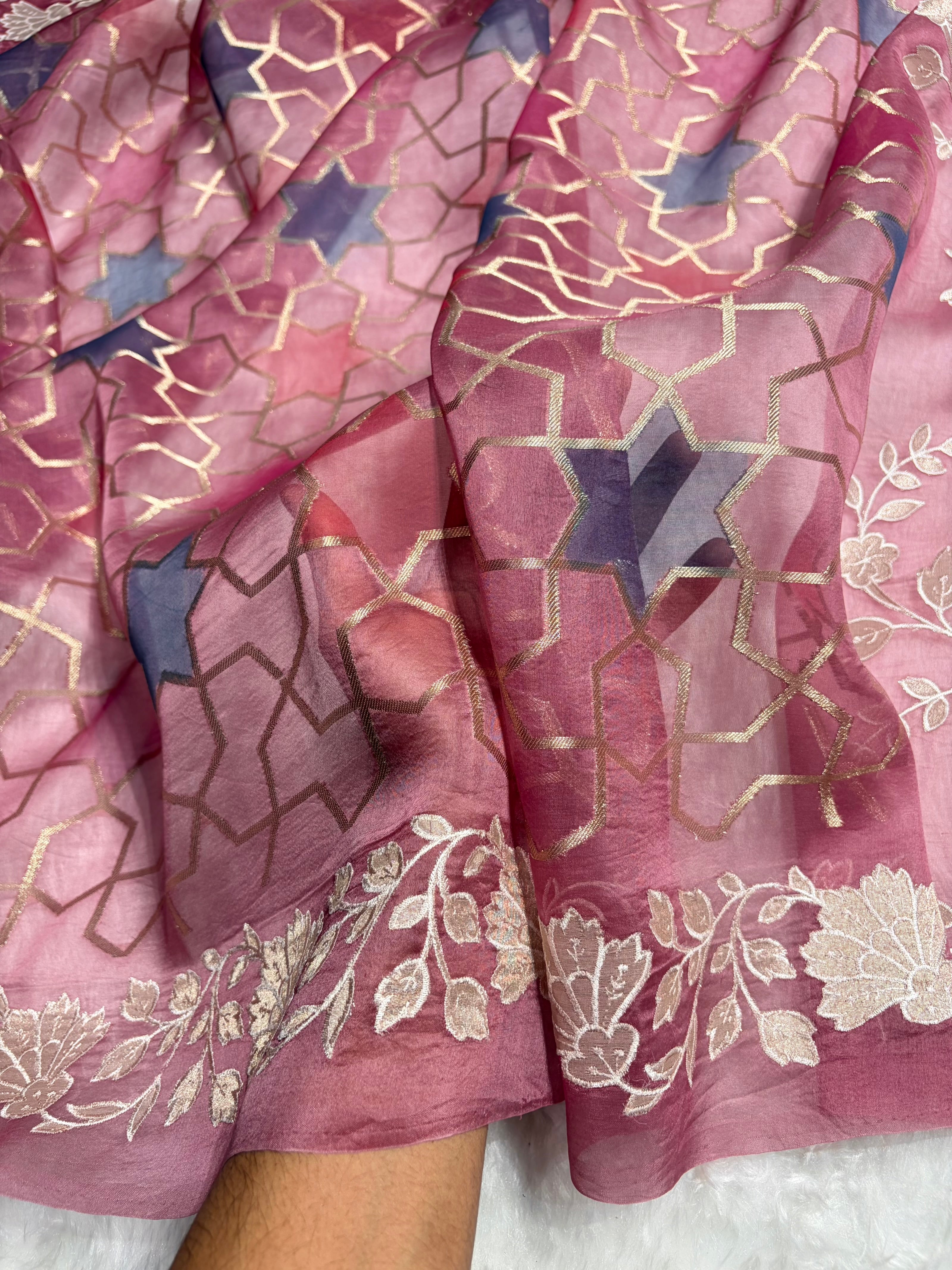 Pure Organza Rangkat Rani Floral Border Banarasi Silk Saree PO-08