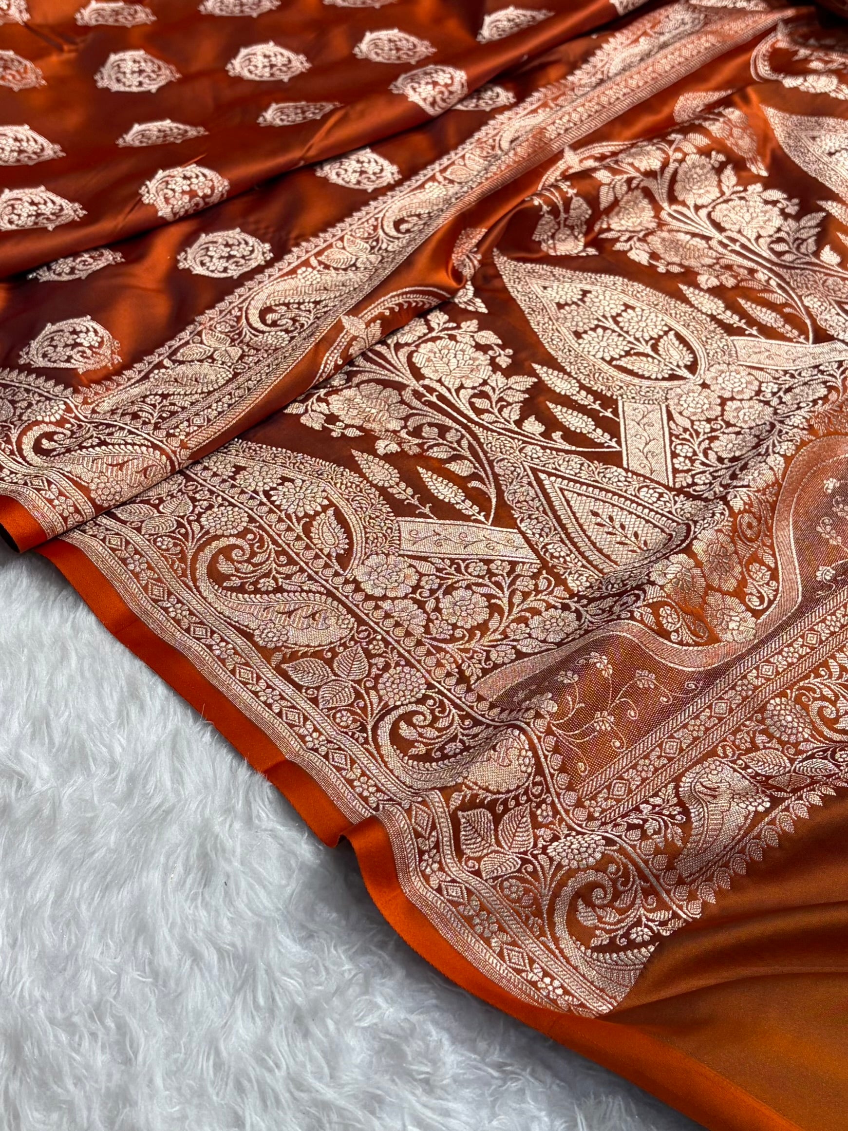 Rust Shades Banarasi Boota Pattern Floral Mashru Silk Saree MSM-104