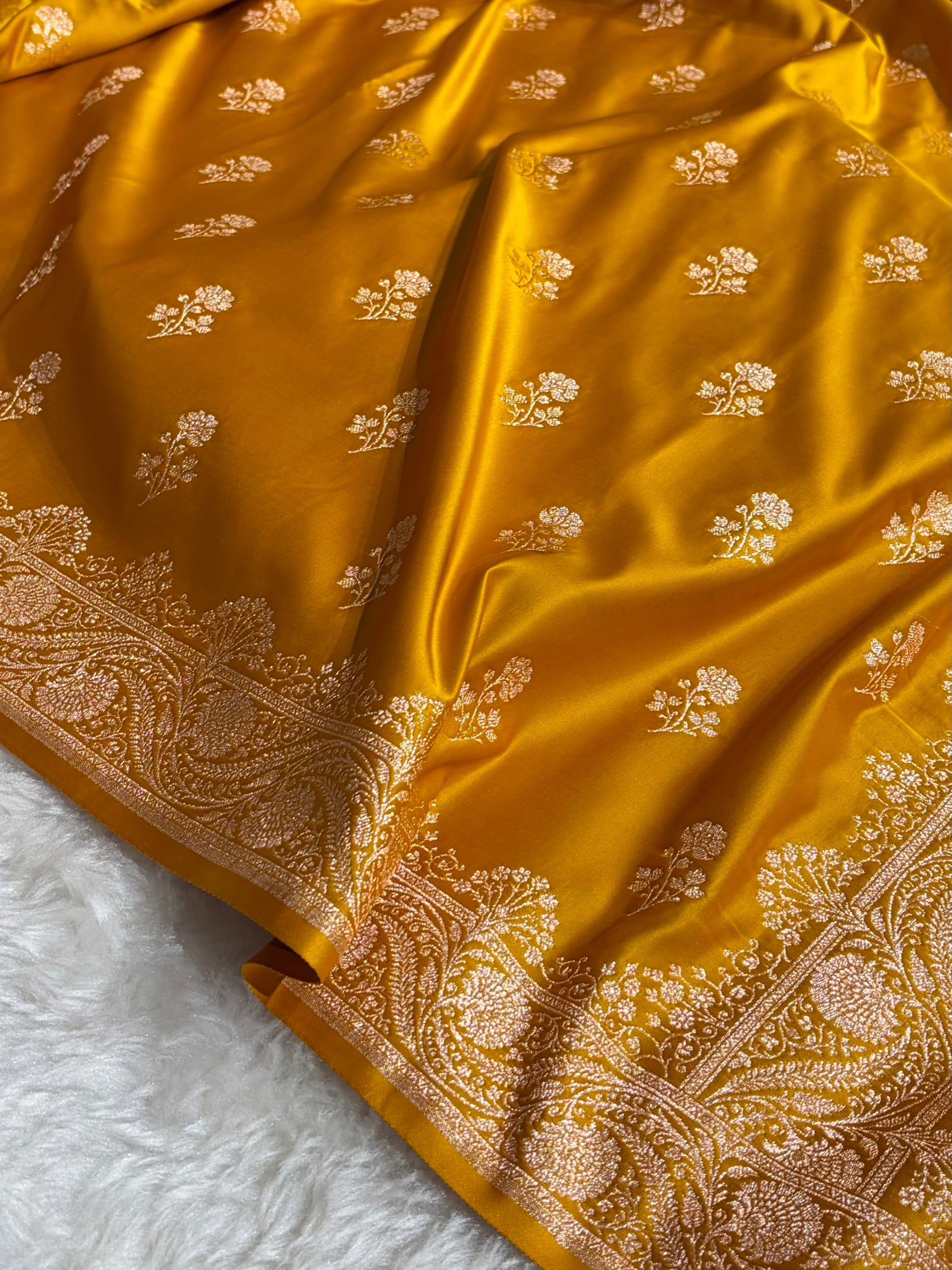 Banarasi Satin Katan Saree Booti PatterIn Mustard Shades SK135