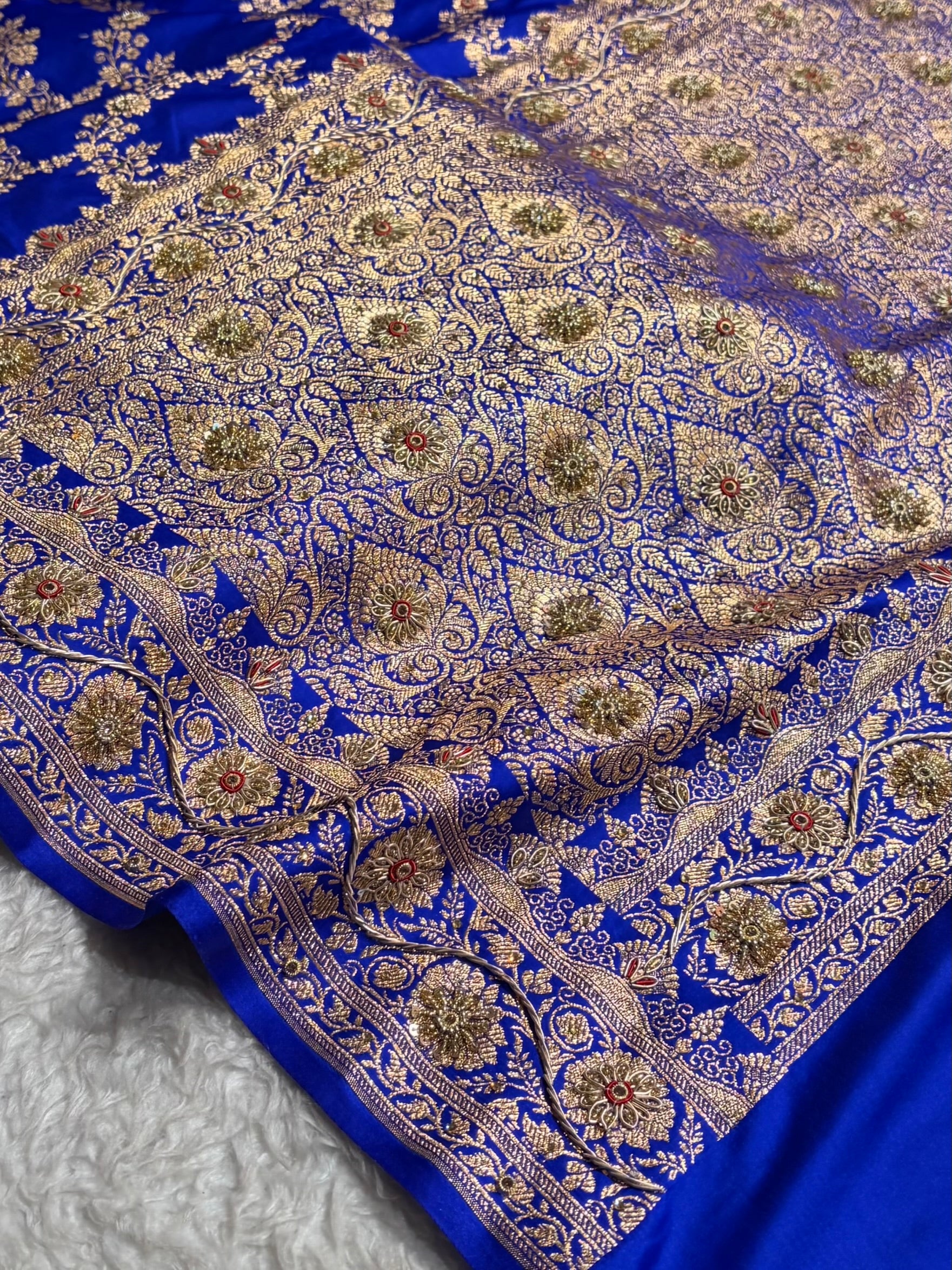 Royal Blue Floral Jaal Pattern Satin Katan Silk Saree BSK43