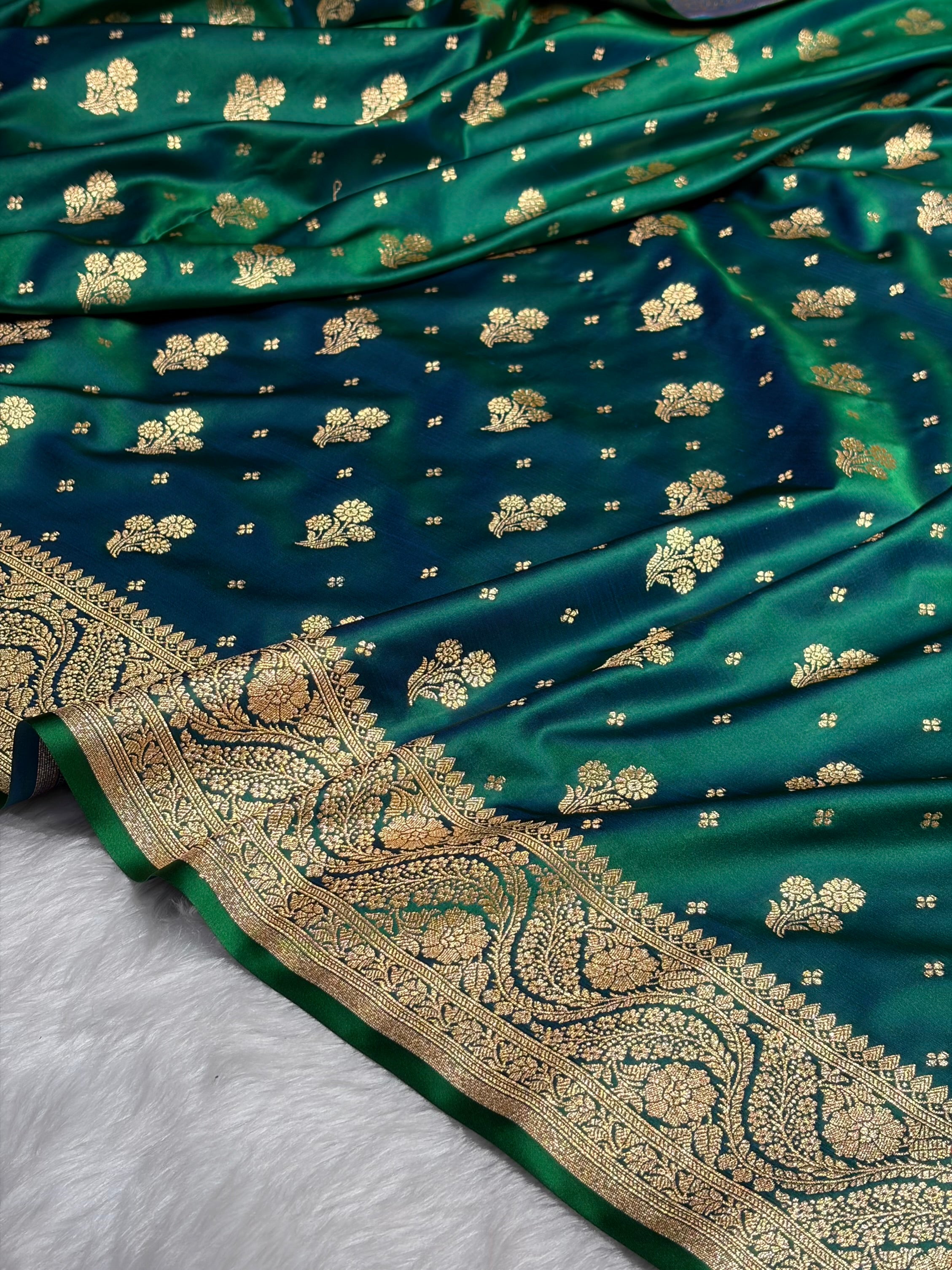 Cross Green Floral Unique Boota Pattern Satin Katan Silk Saree SK73