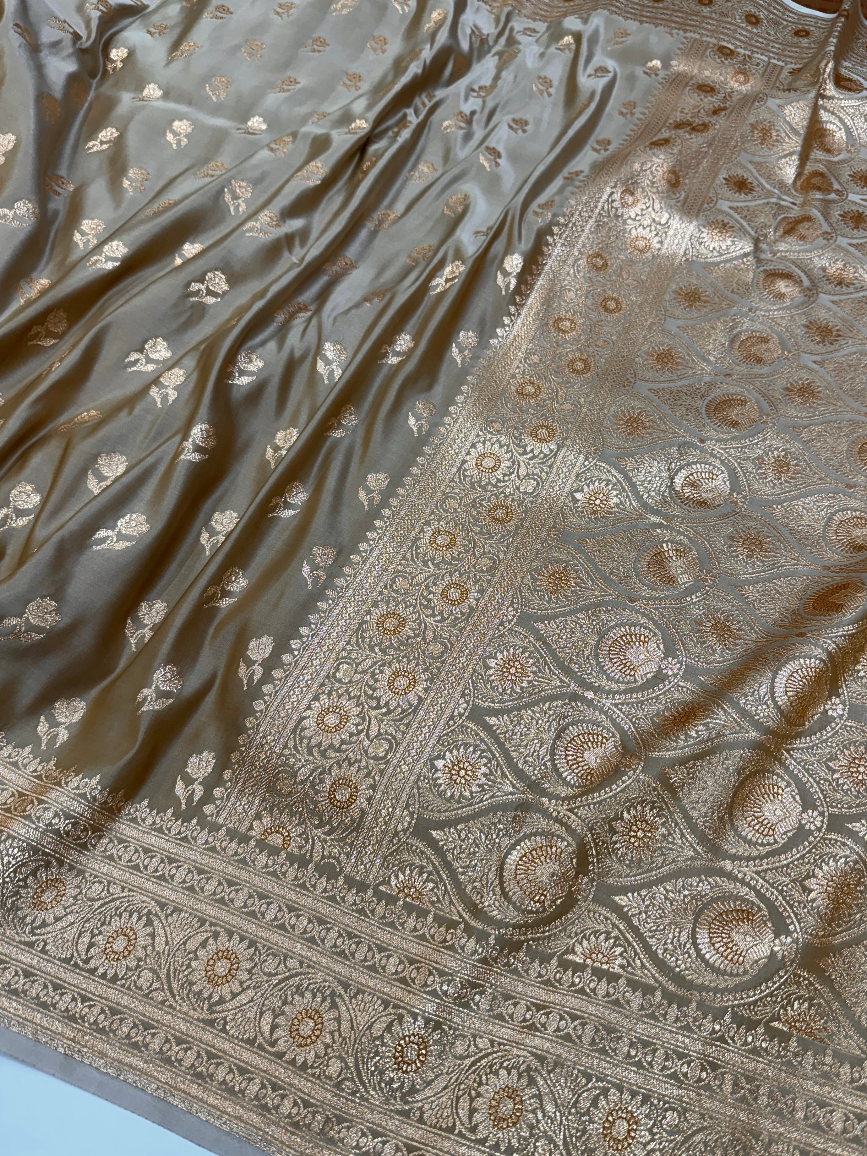 Beige Gold Floral Booti Satin Katan Silk Saree SK13