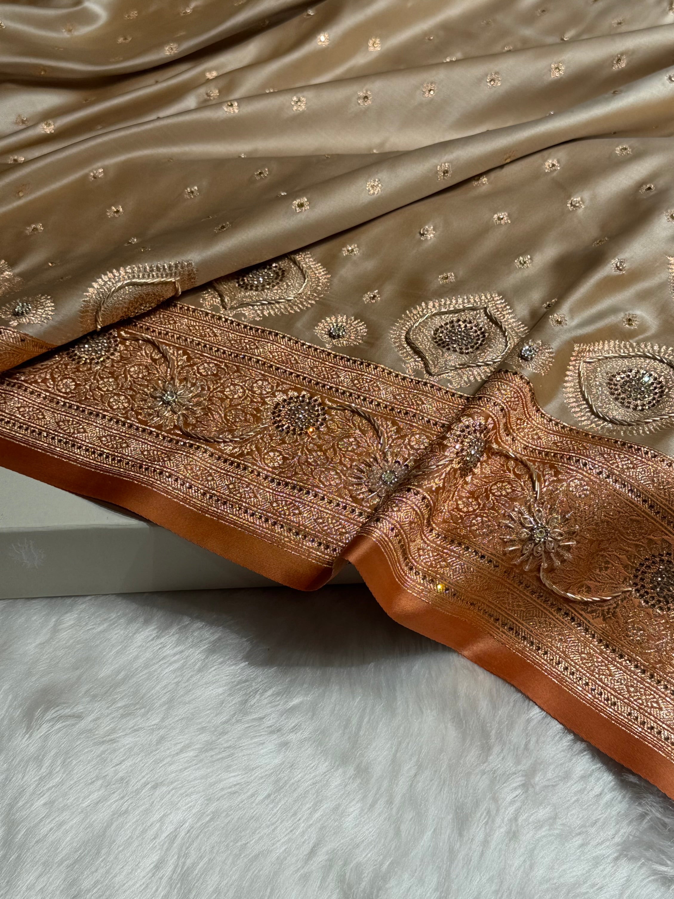 Mustard Tusser With Peach Booti With Ari & Zardozi Work Satin Katan Silk saree BSK29