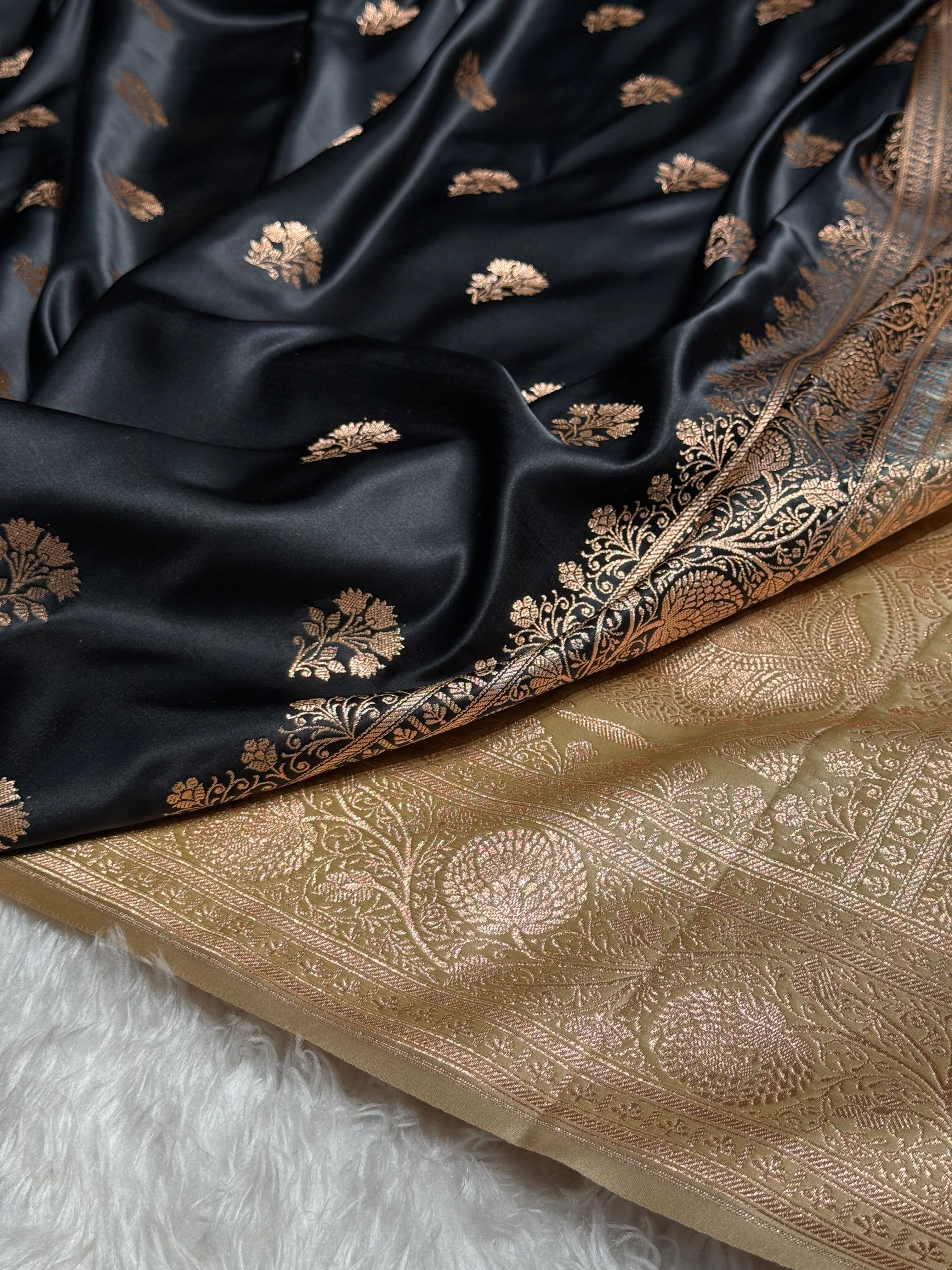 Black - Cream Banarasi Boota Katan Silk Saree