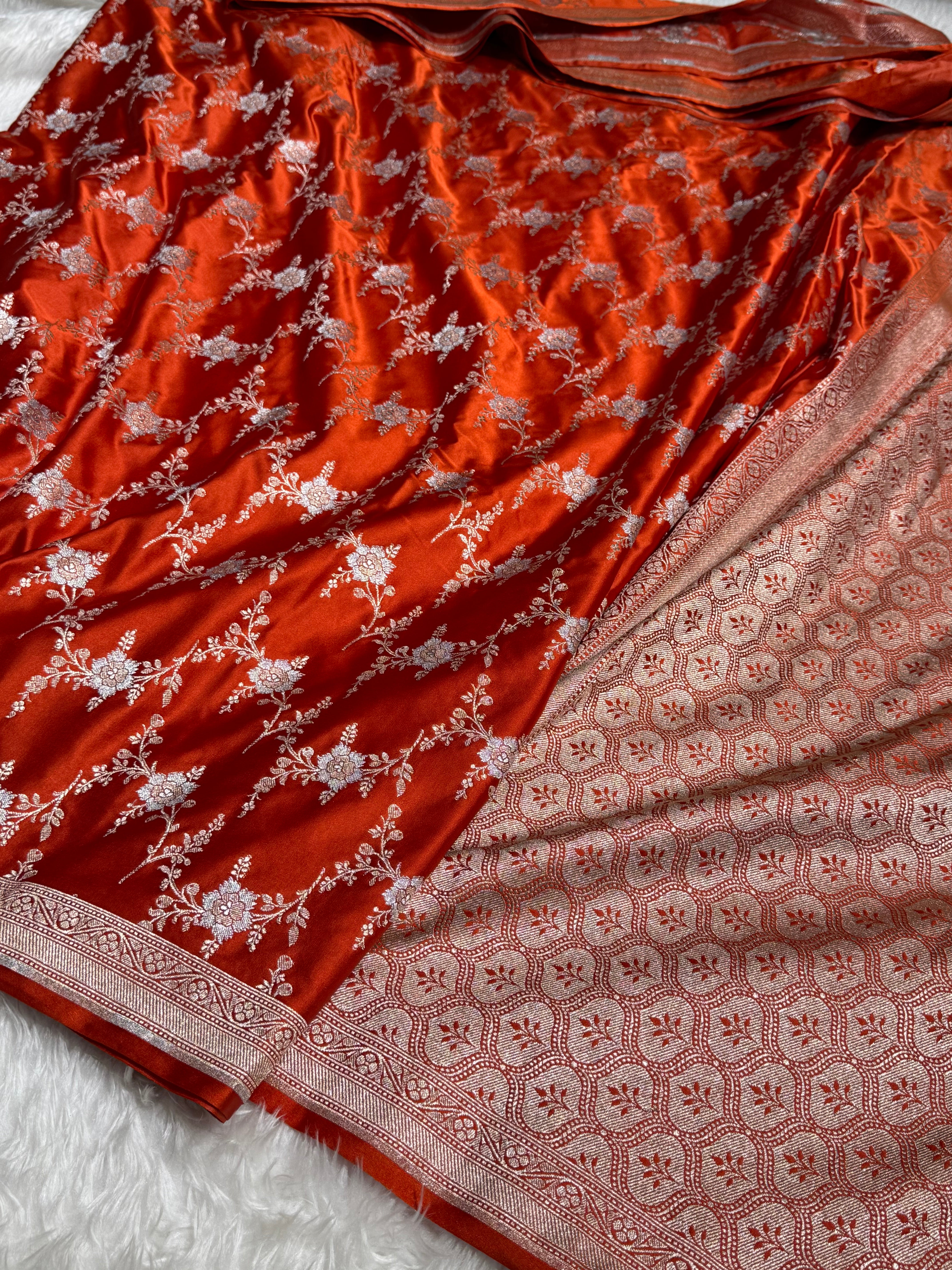 Orange Rust Minakari Jaal Mashru Silk Saree