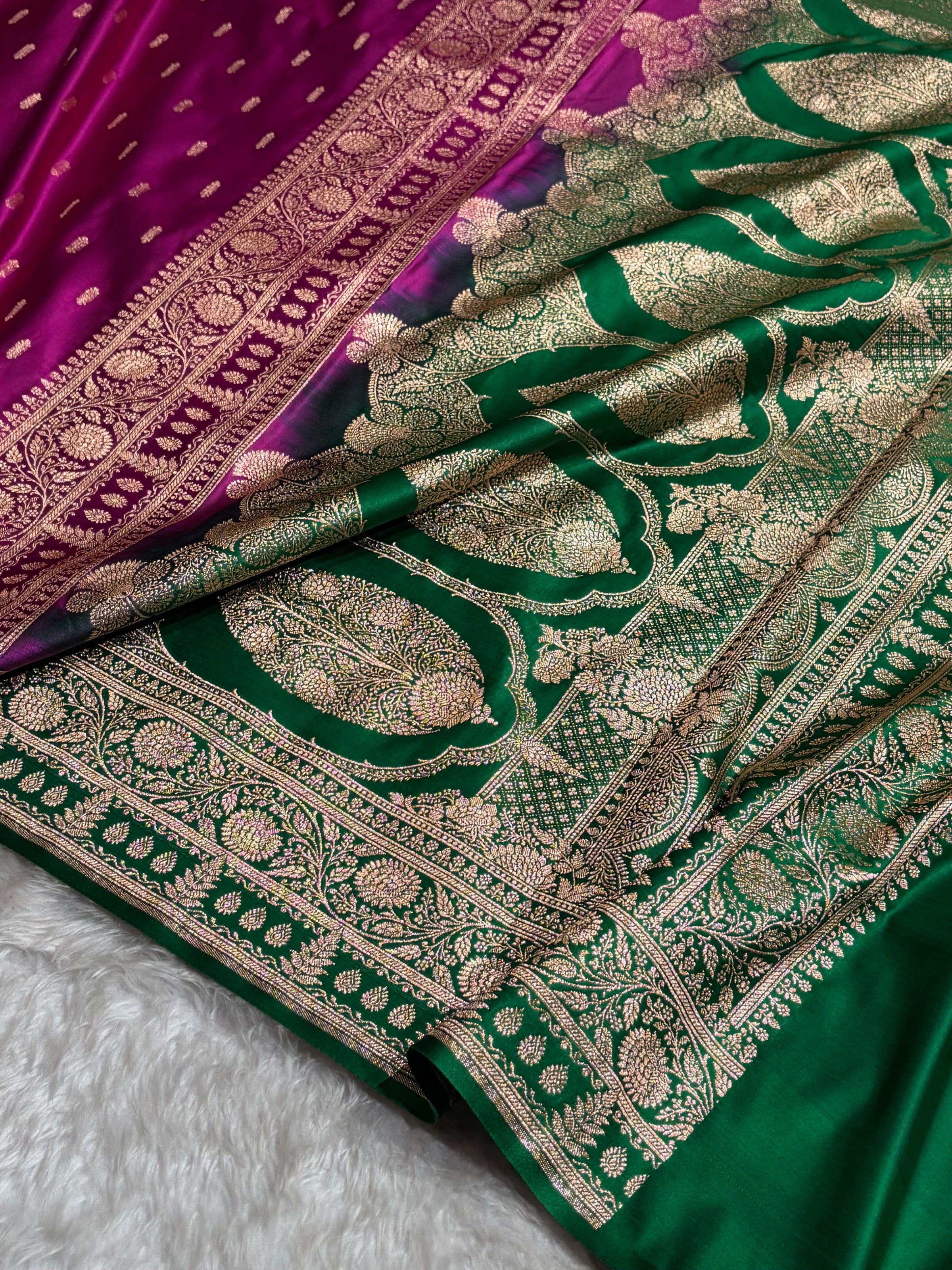 Contrast Wine / Green Floral Booti Banarasi Satin Katan Silk Saree SK14