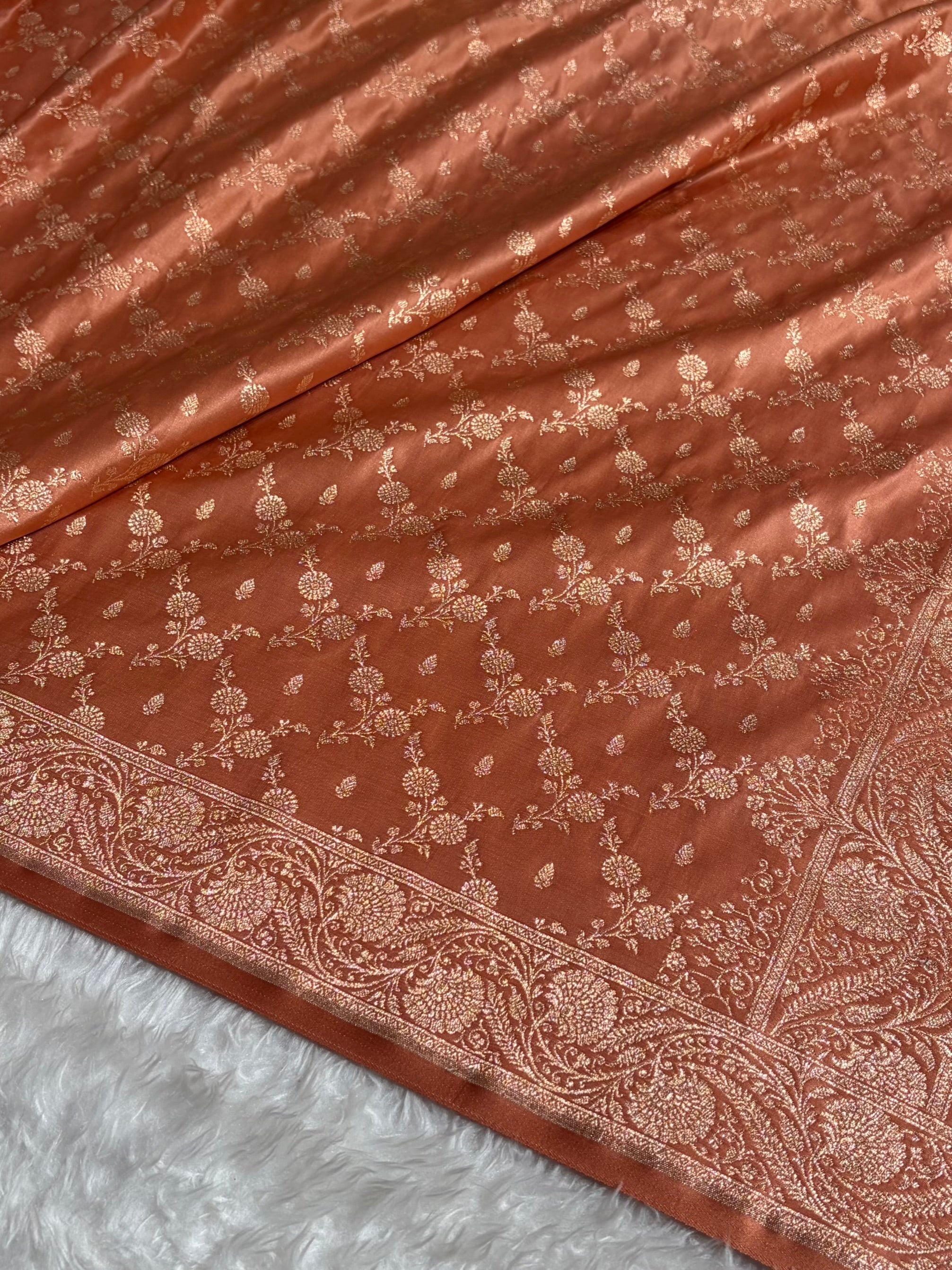 Banarasi Satin Katan Saree Jaal Pattern In Pastel Rust Shades SK133