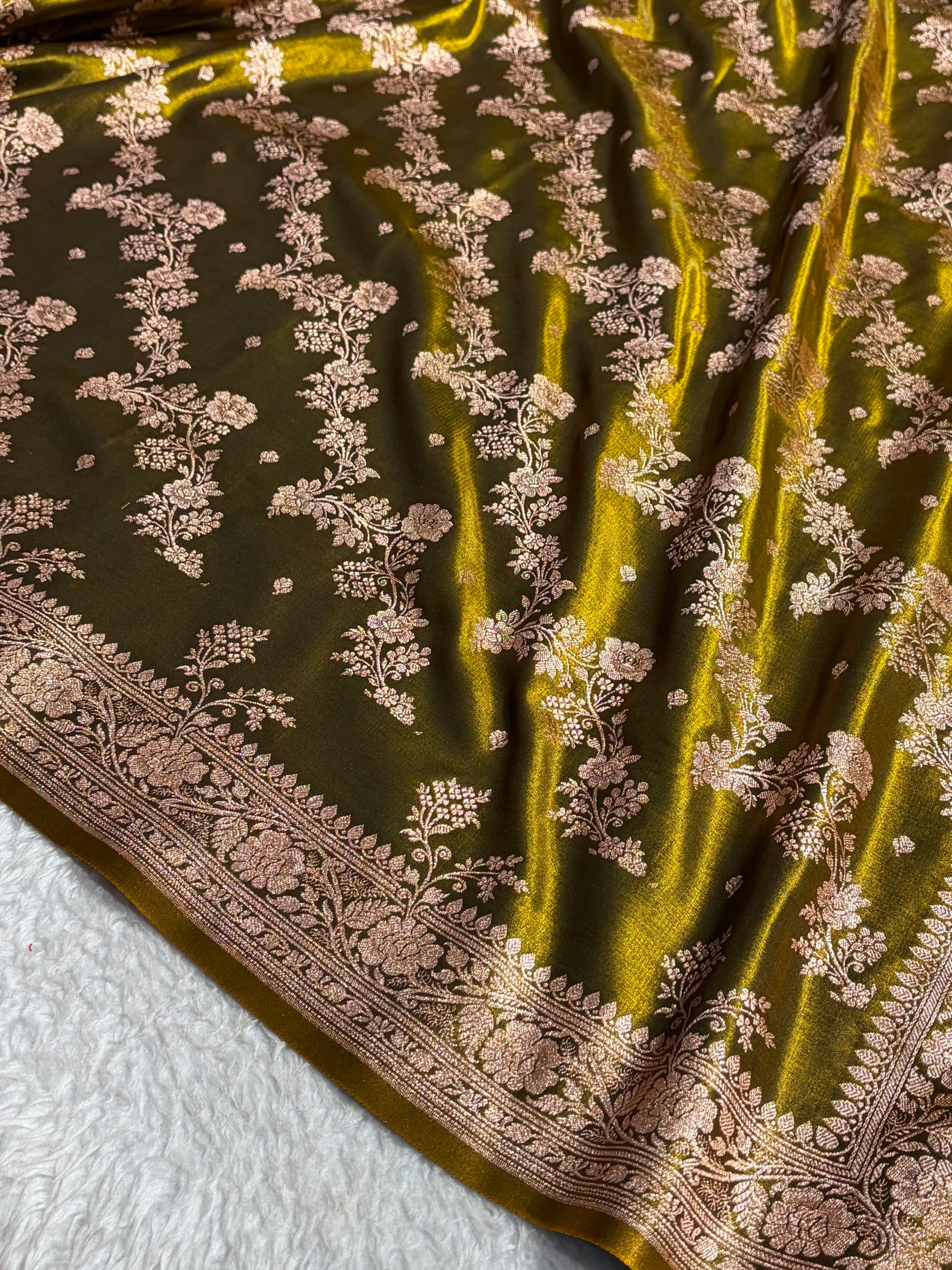 Satin Silk Saree Banarasi Cross with booti In Mehendi Shades SS22