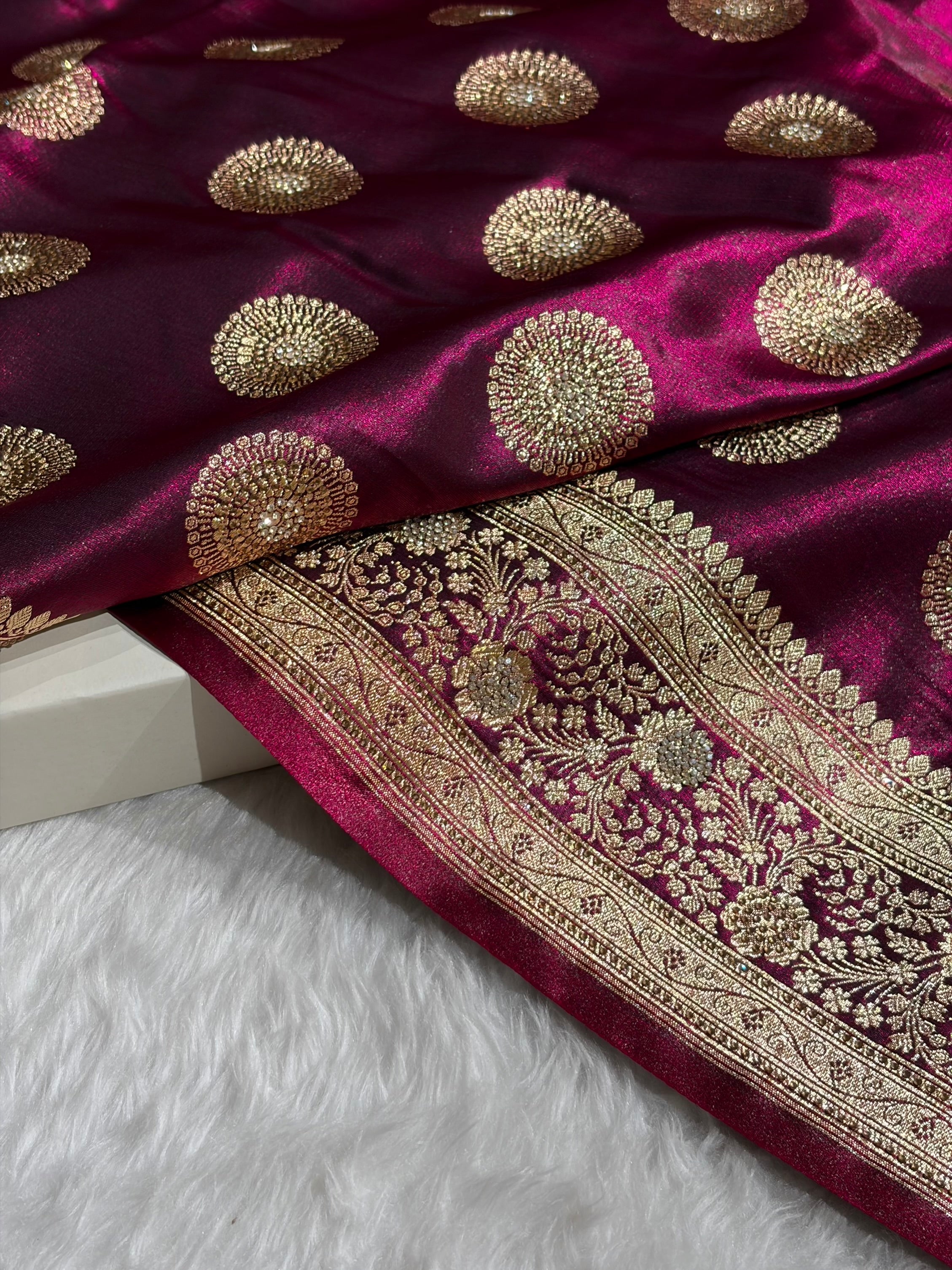 Wine Shades Banarasi With Swarovski Stone Work Satin Silk Saree BSS33