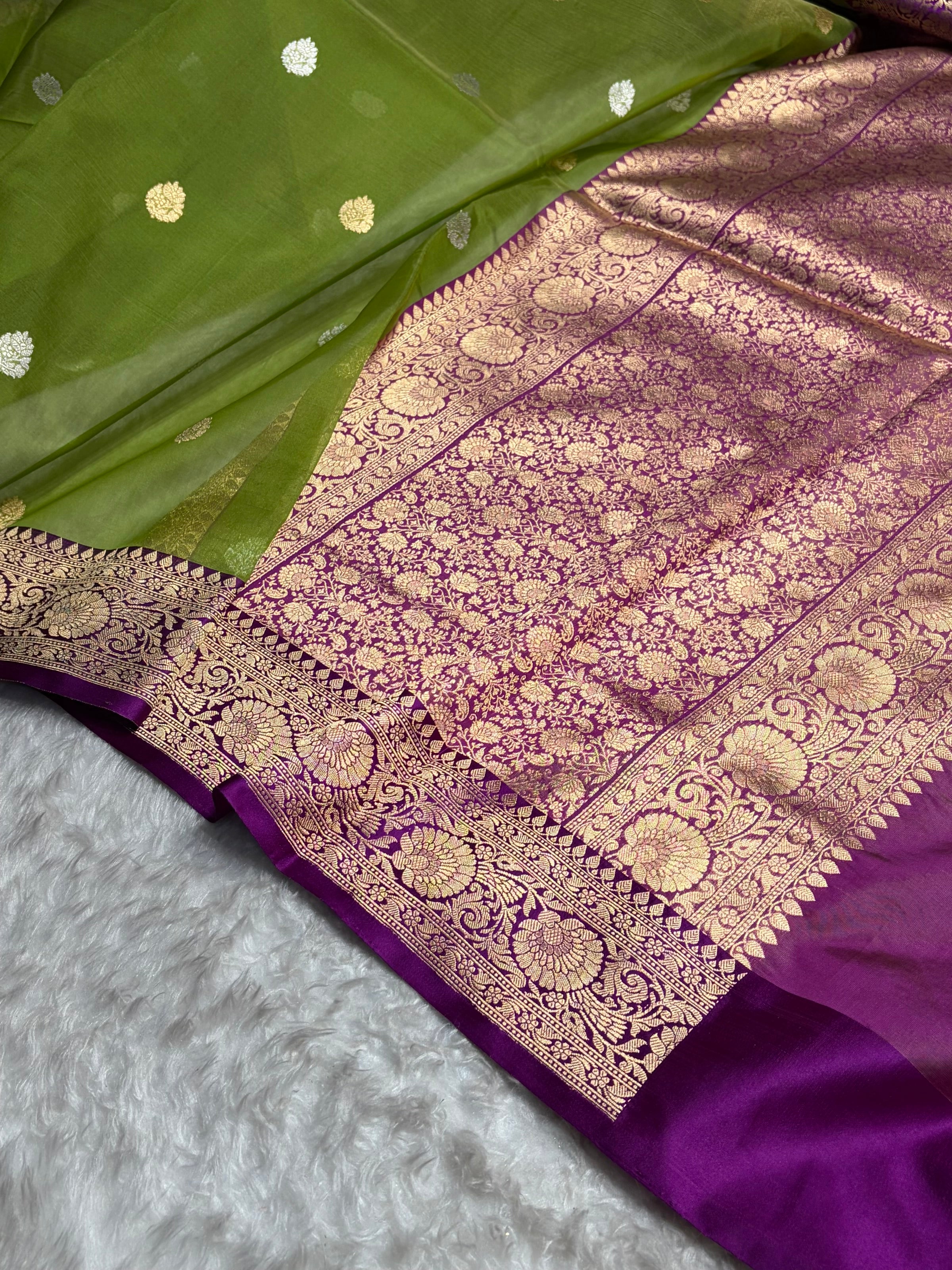 Contrast Pure Banarasi Organza Pista Green With Wine Floral Banarasi Silk Saree PO-11