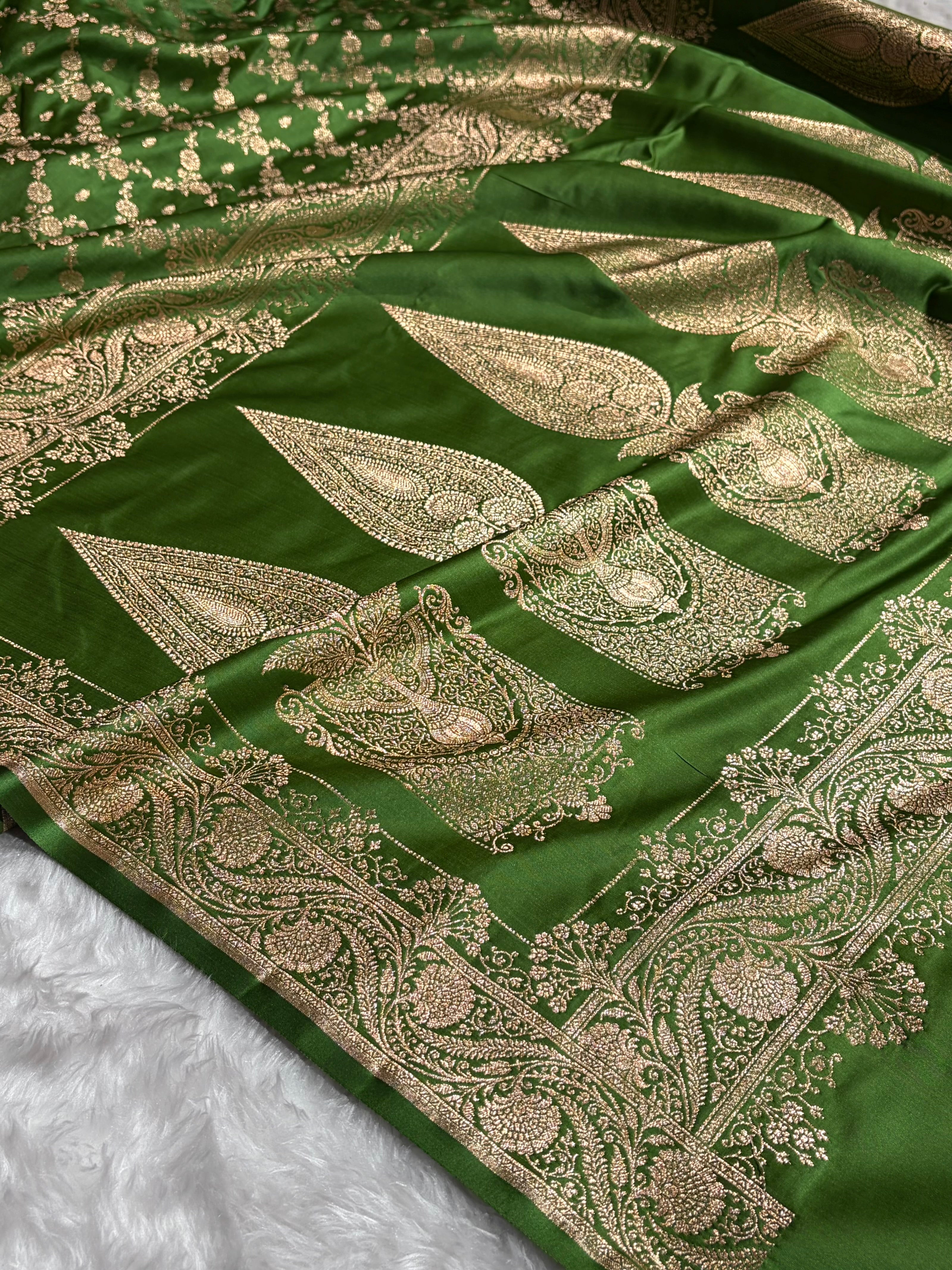 Banarasi Satin Katan Saree Jaal Pattern In Mahndi Green Shades SK133
