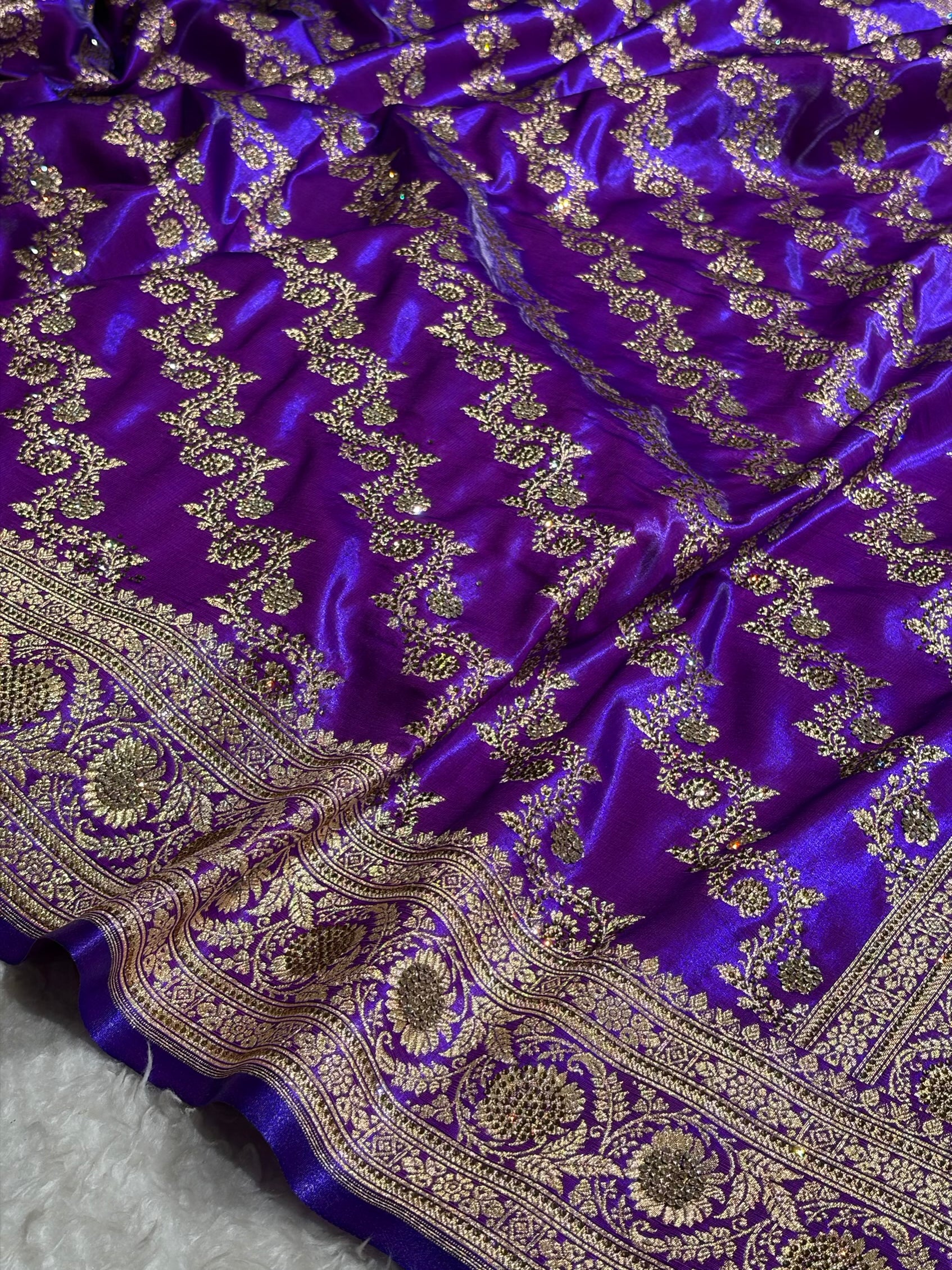 Banarasi Bridal Purple Shades With Swarovski Stone and White Stone Work Satin Silk Saree BSS32